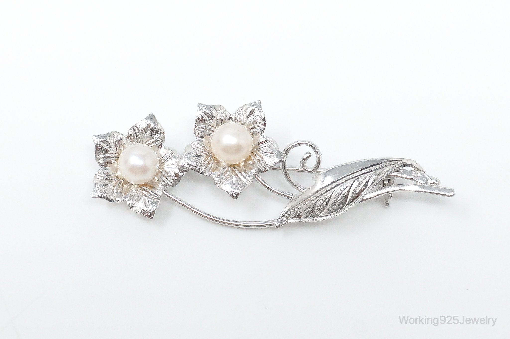 Antique Floral Pearl Sterling Silver Brooch Pin