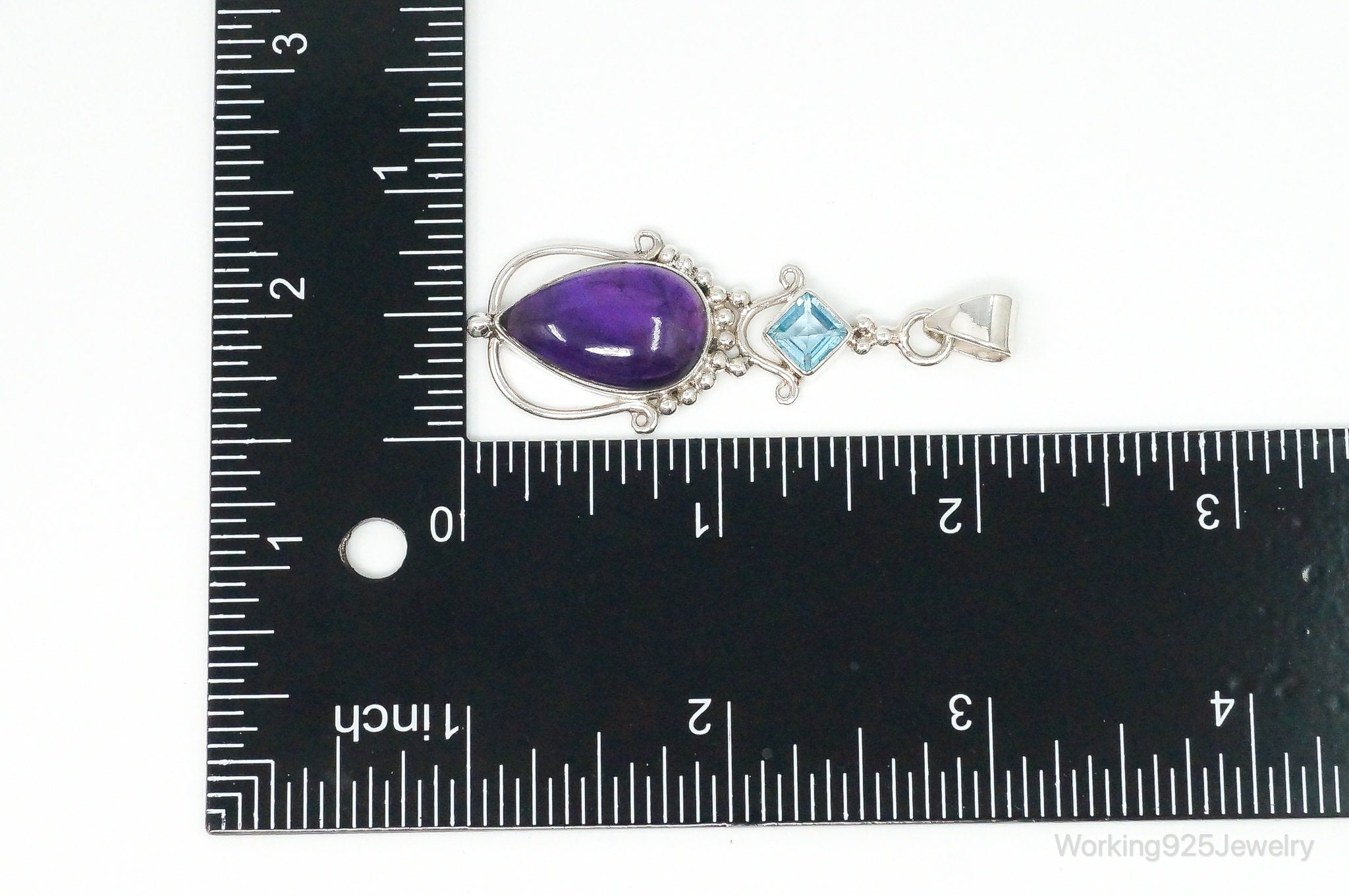 Large Vintage Blue Topaz Amethyst Sterling Silver Pendant