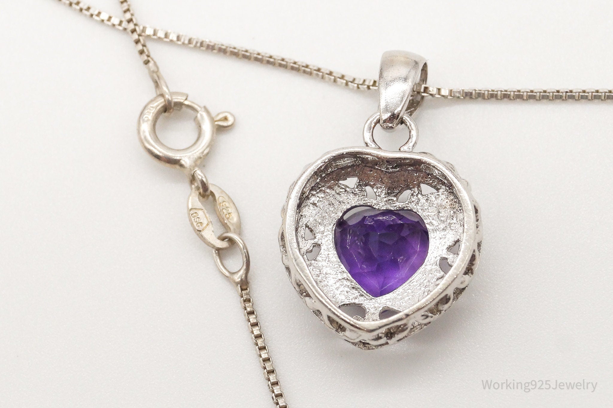 Vintage Amethyst Cubic Zirconia Heart Sterling Silver Necklace