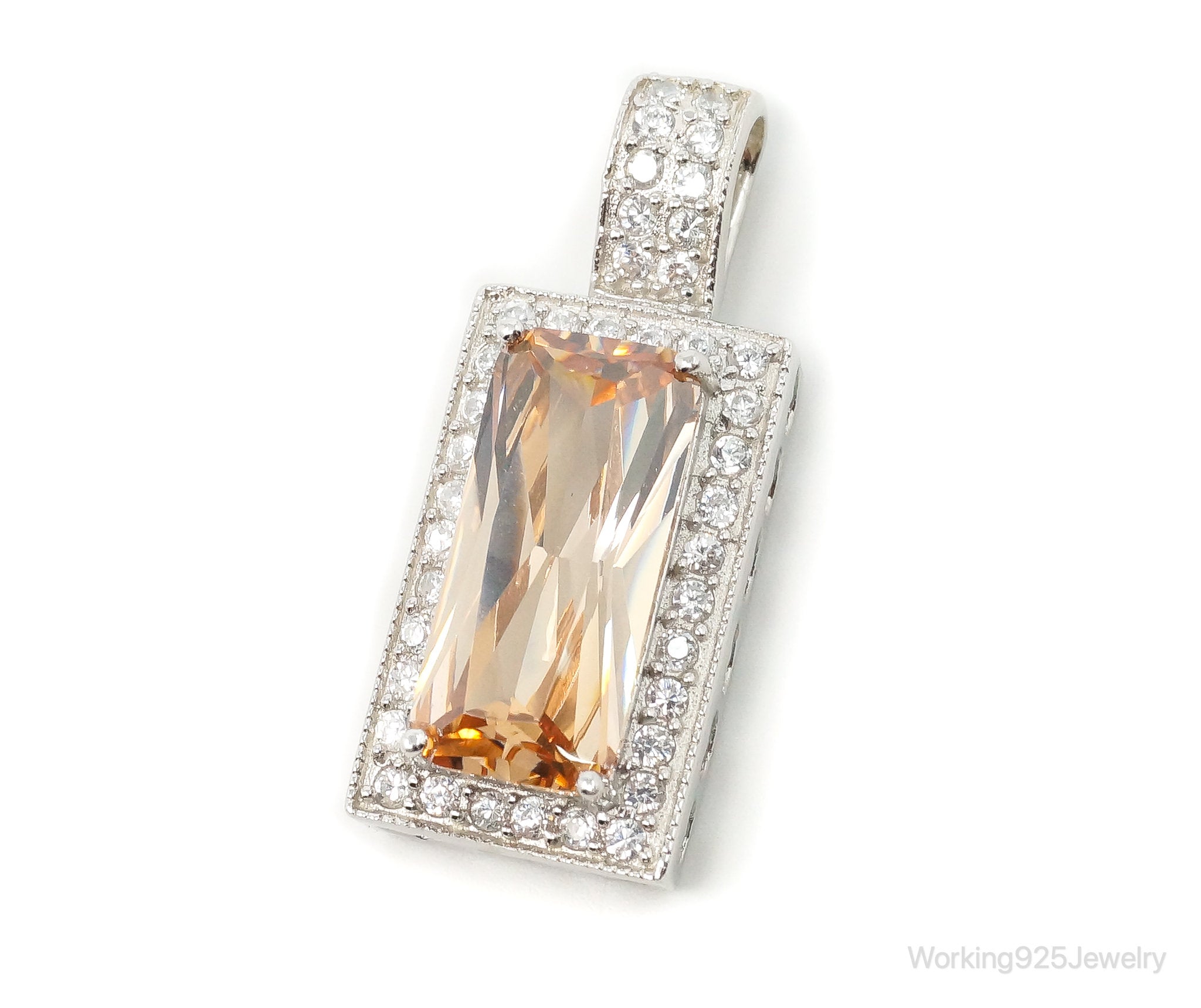 Large Vintage Art Deco Citrine Cubic Zirconia Sterling Silver Pendant