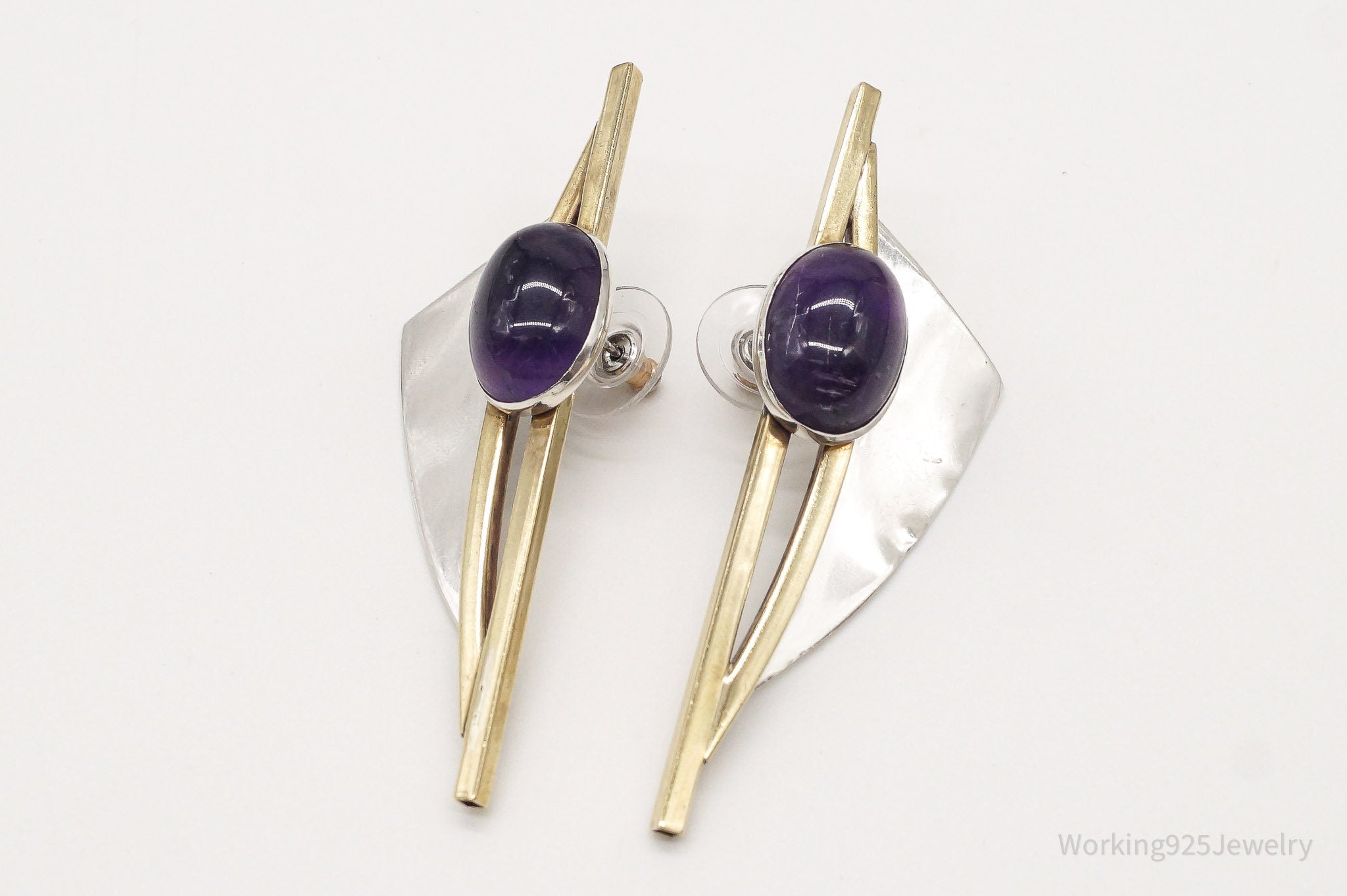 Large Vintage Modernist AJV Amethyst Brass Sterling Silver Earrings