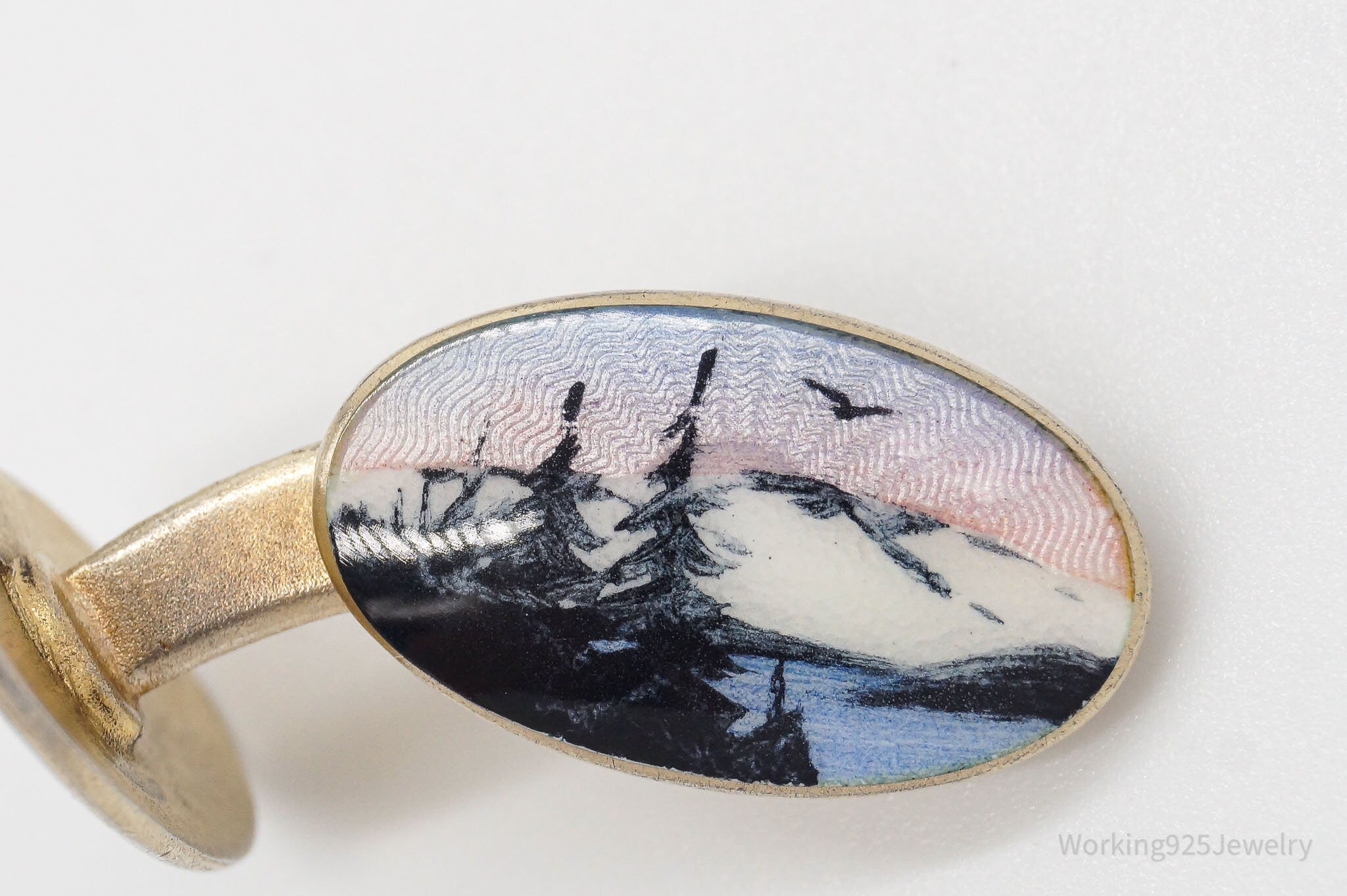 RARE Vintage Aksel Holmsen Enamel Mountain Gold Wash Sterling Silver Cufflinks