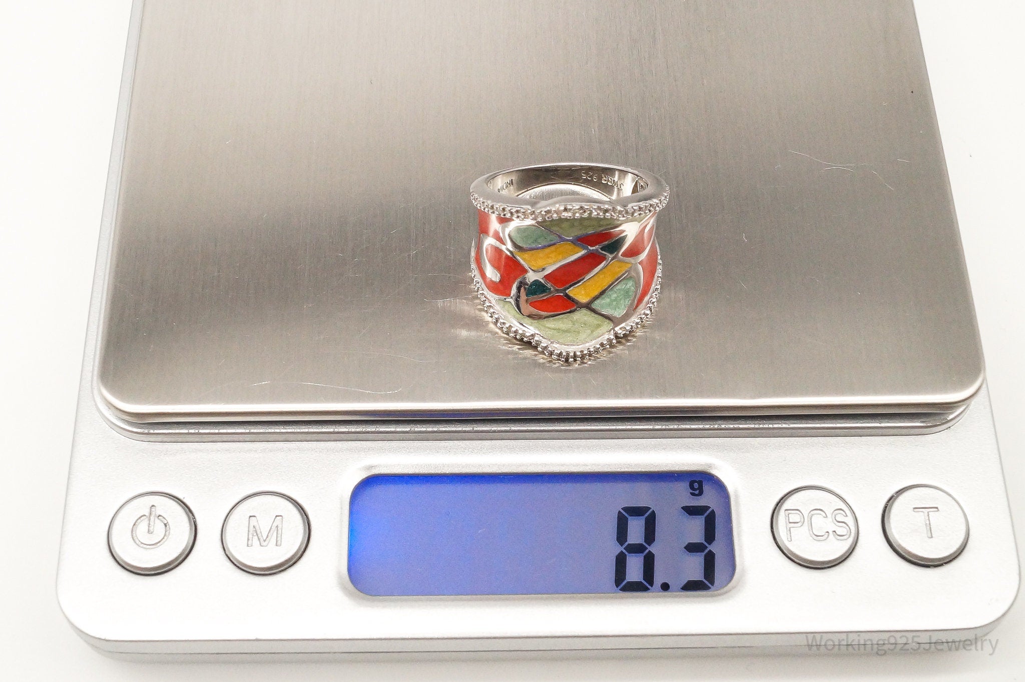 Designer JWBR Diamond Colorful Enamel Sterling Silver Ring - Size 6.75