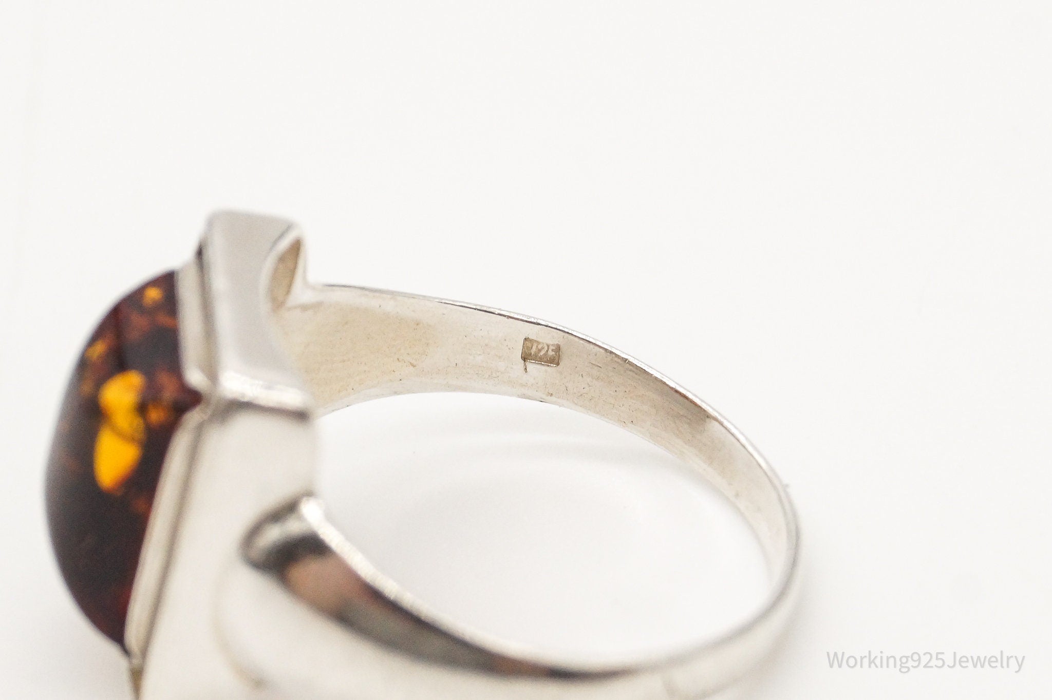 Vintage Amber Sterling Silver Ring - Size 8.25