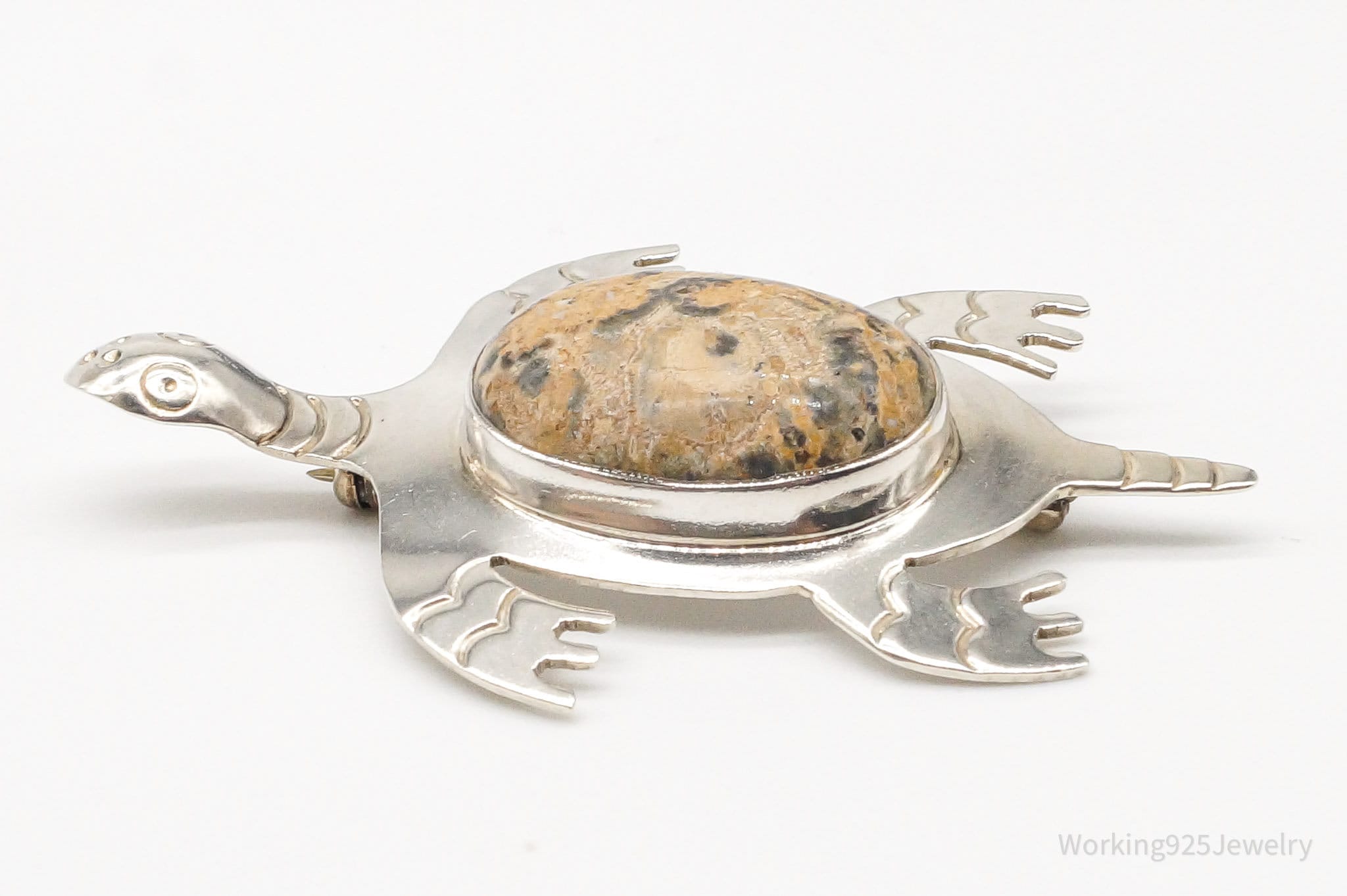 Large Vintage Mexico CII Jasper Sea Turtle Sterling Silver Brooch Pin