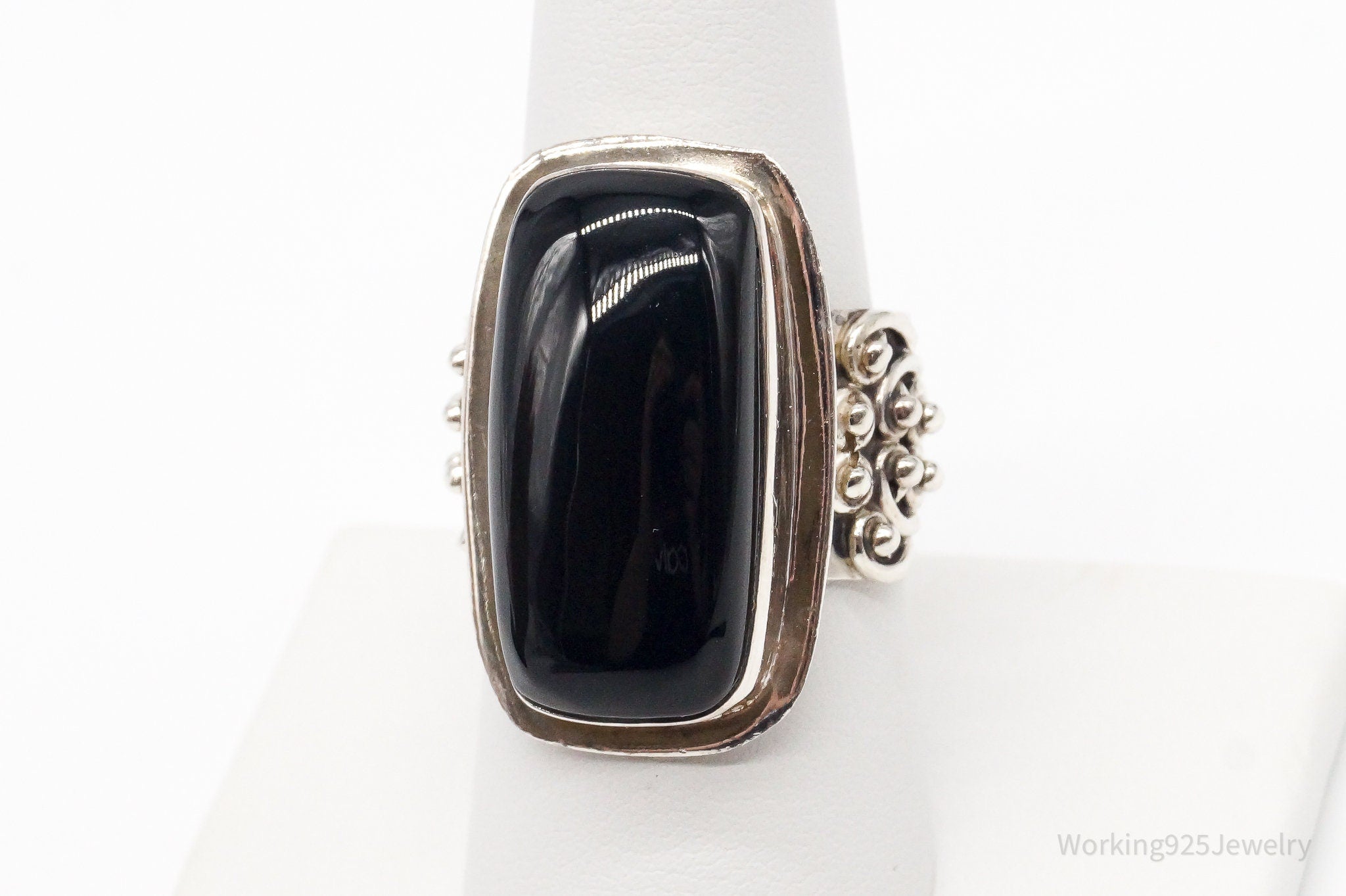 Vintage India Designer VS Black Onyx Sterling Silver Ring - Size 9.25