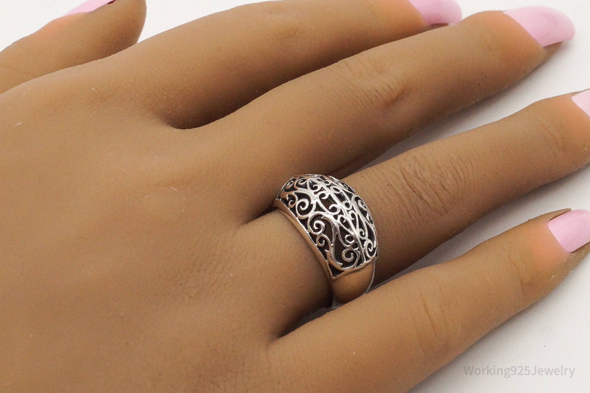 Vintage Filigree Dome Sterling Silver Band Ring - Size 6.5