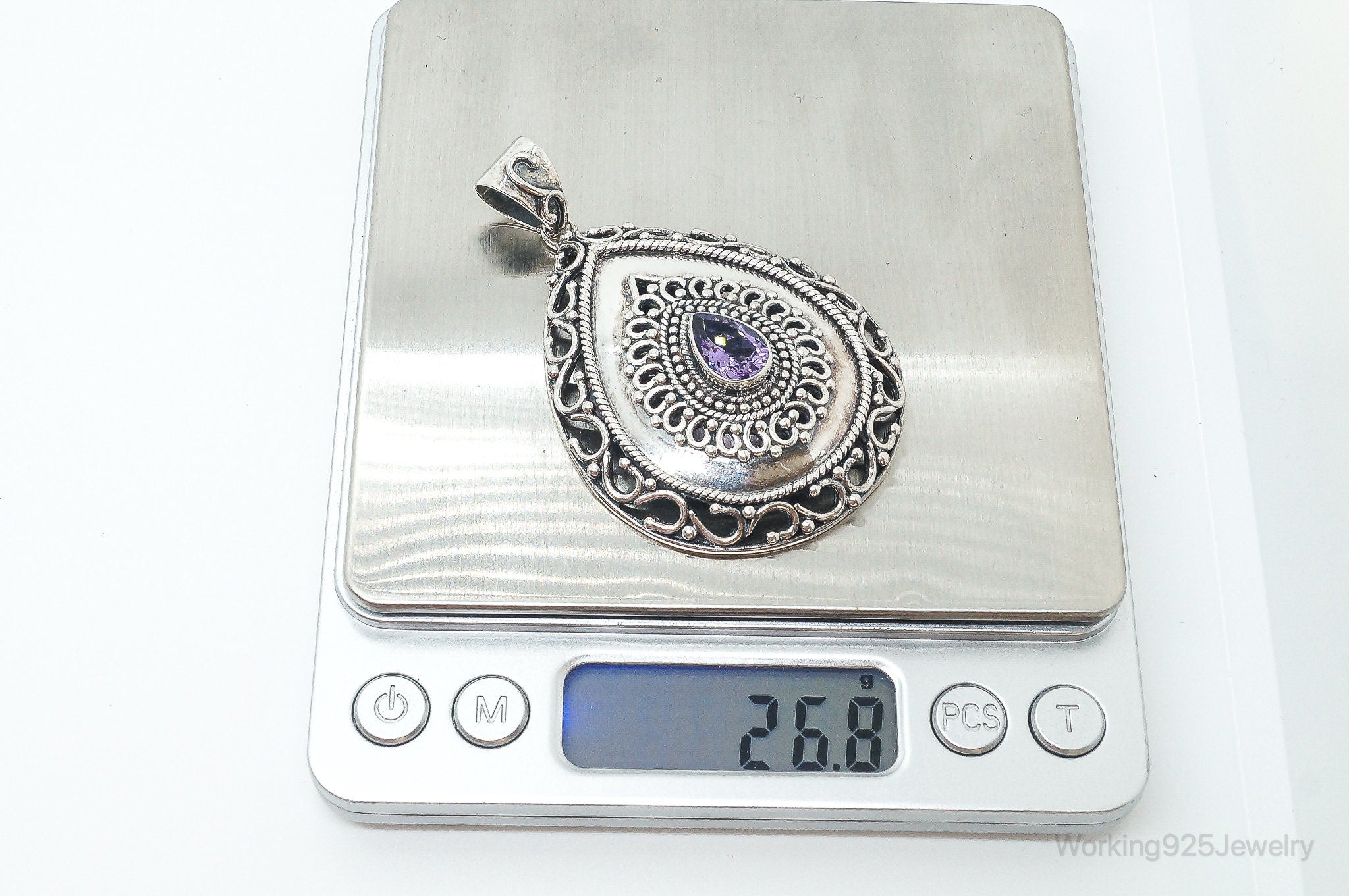 Designer Large Amethyst Bali Inspired Sterling Silver Pendant