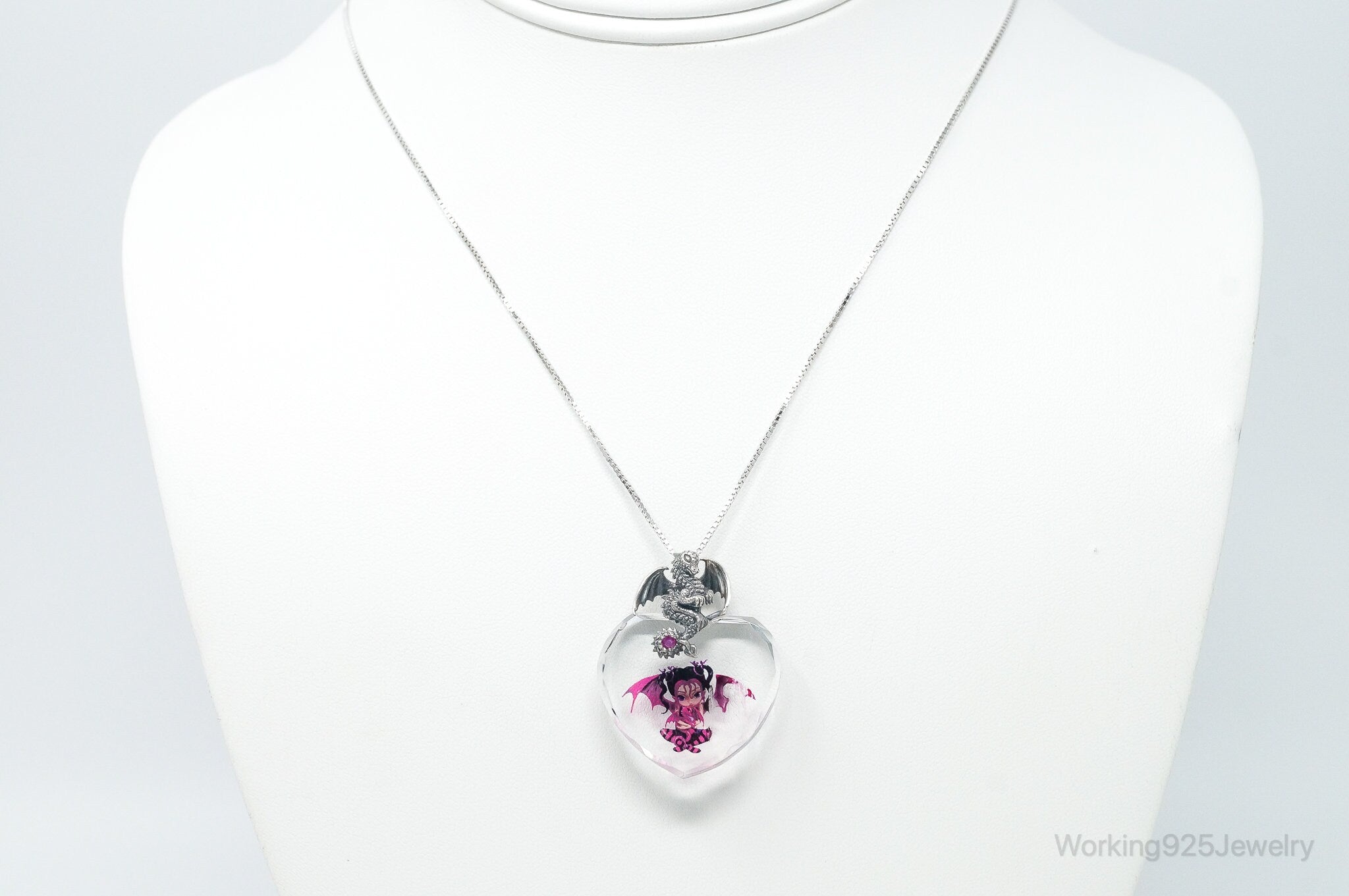 Designer Bradford Exchange Ruby Dragon Large Heart Crystal S.Silver Necklace