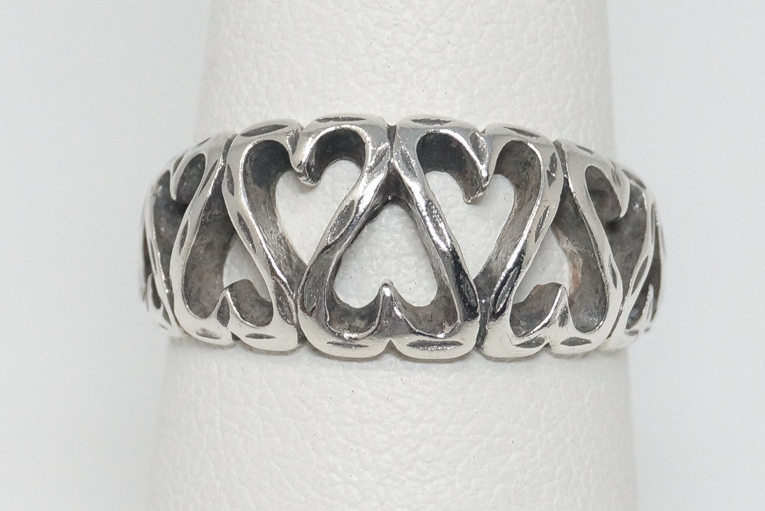 Vintage Bonded Hearts Pattern Sterling Silver Ring - Size 7