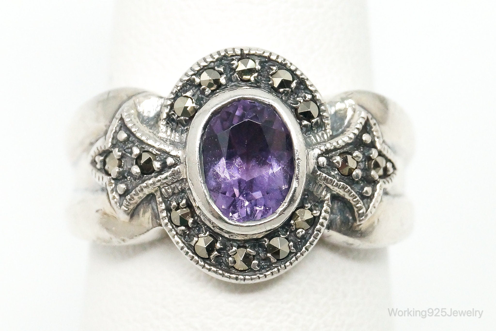 Vintage Art Deco Amethyst Marcasite Sterling Silver Ring - Size 6.5