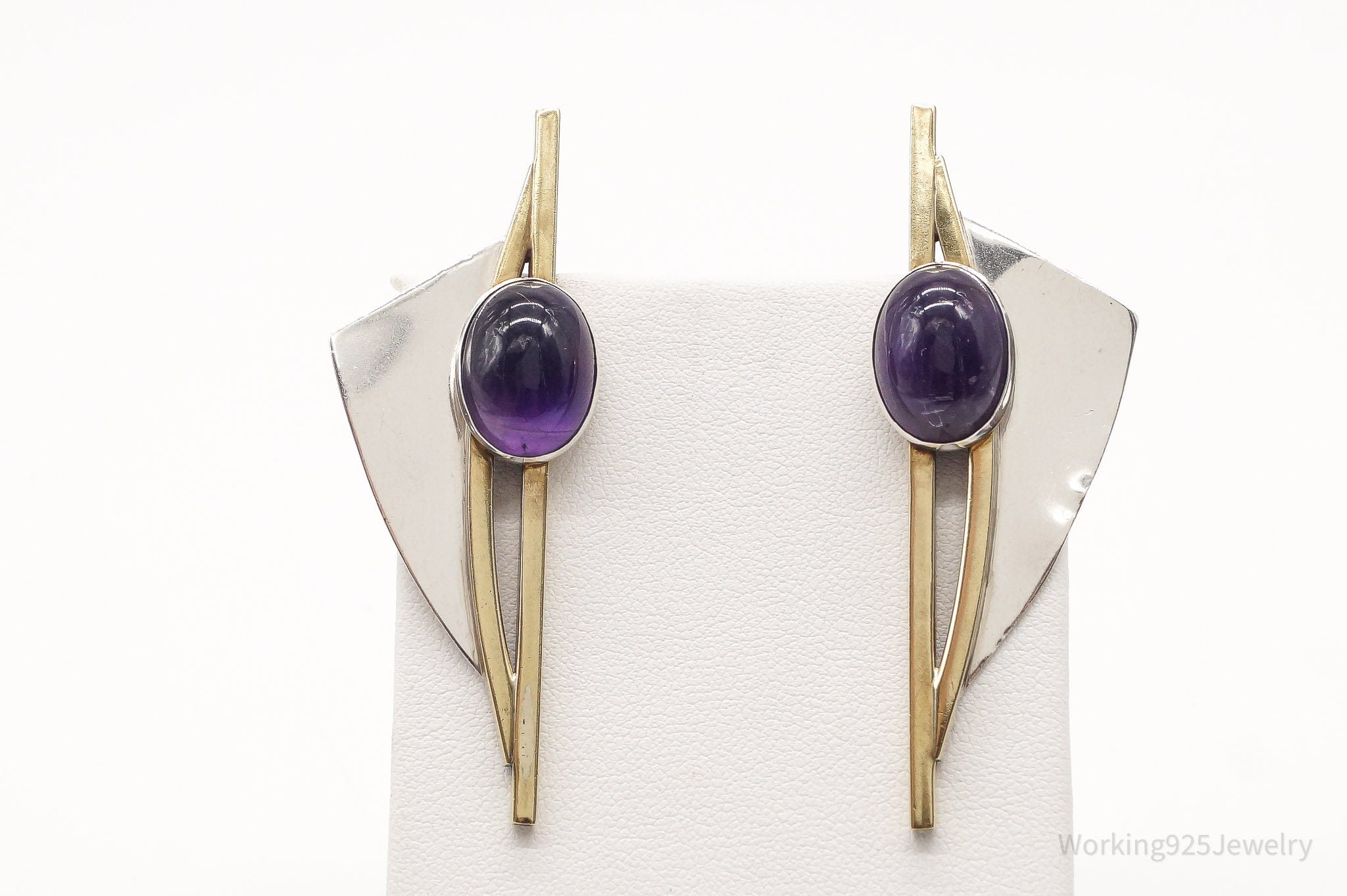 Large Vintage Modernist AJV Amethyst Brass Sterling Silver Earrings