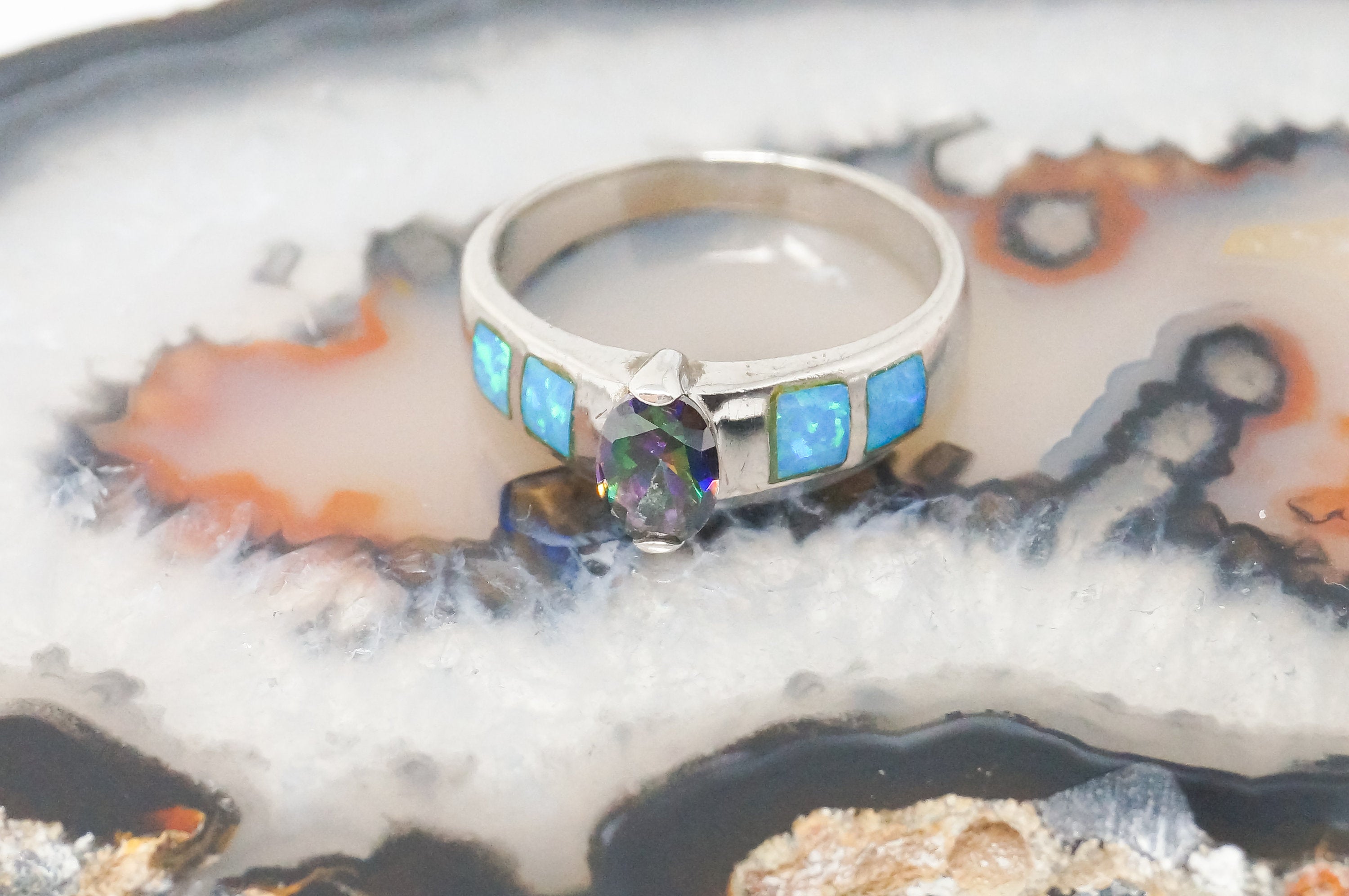 Vintage Art Deco Mystic Topaz Blue Fire Opal Sterling Silver Ring - SZ 8.5