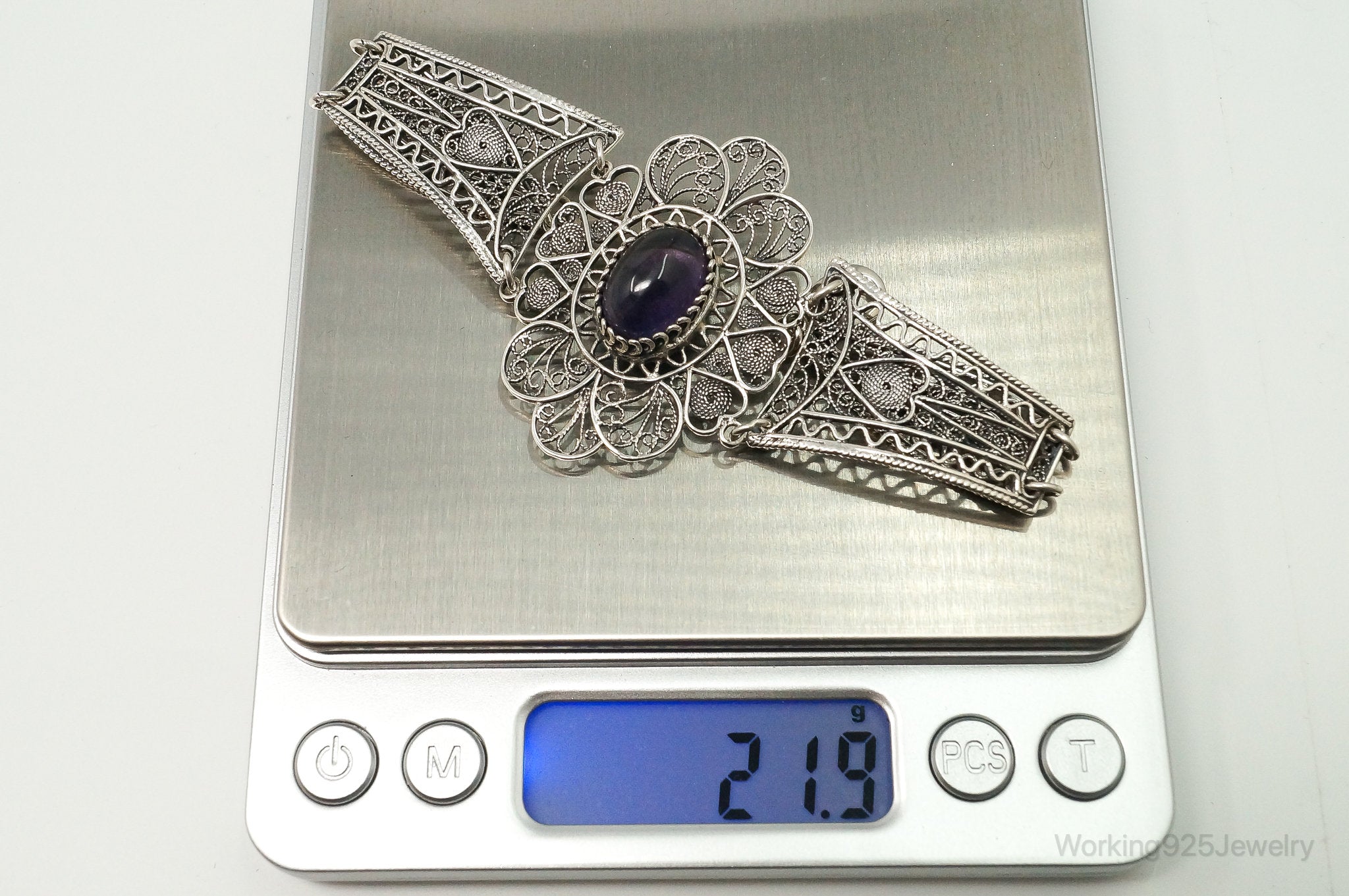 Vintage Amethyst Sterling Silver Intricate Filigree Bracelet