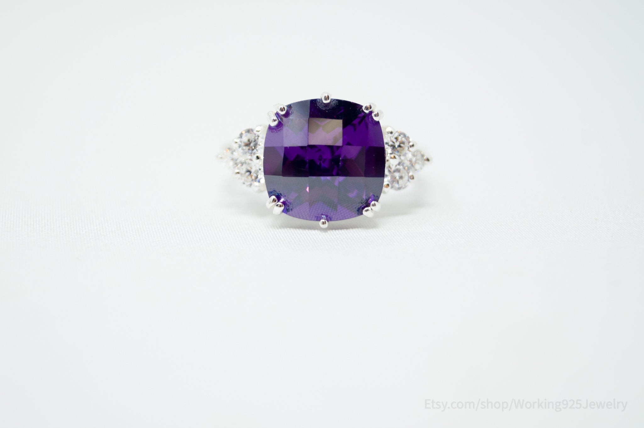 Vintage Art Deco Style Amethyst CZ Statement Ring Sterling Silver - Sz 9