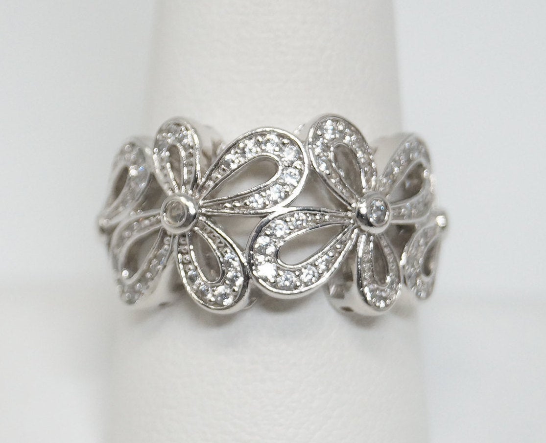 Vintage Designer SW Cubic Zirconia Floral Sterling Silver Ring - Sz 9