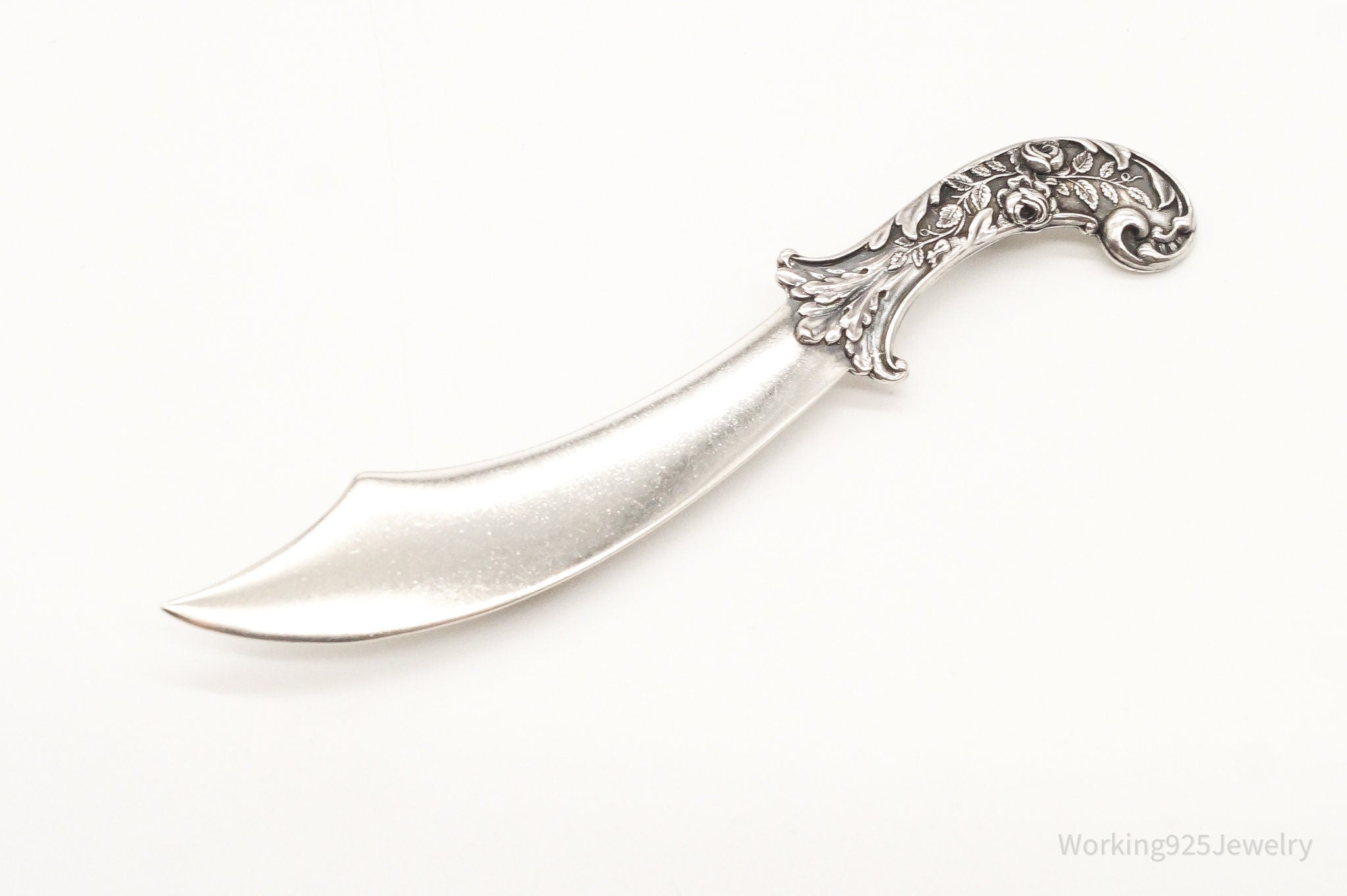 Large 1940s Victorian Revival Scimitar Sword Dagger Sterling Silver Pin Brooch