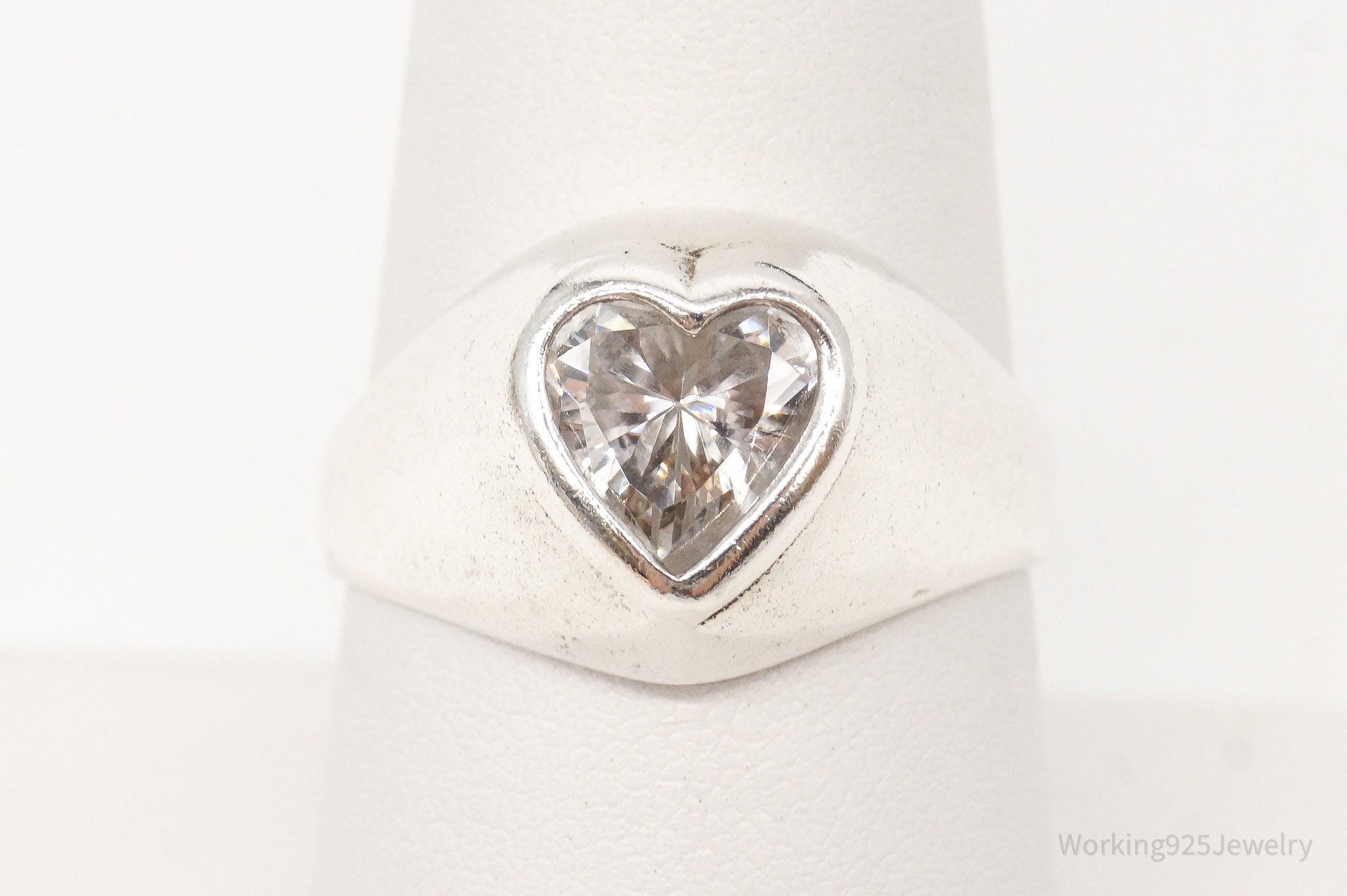 Vintage Cellini Large Heart Cubic Zirconia Sterling Silver Ring Size 8