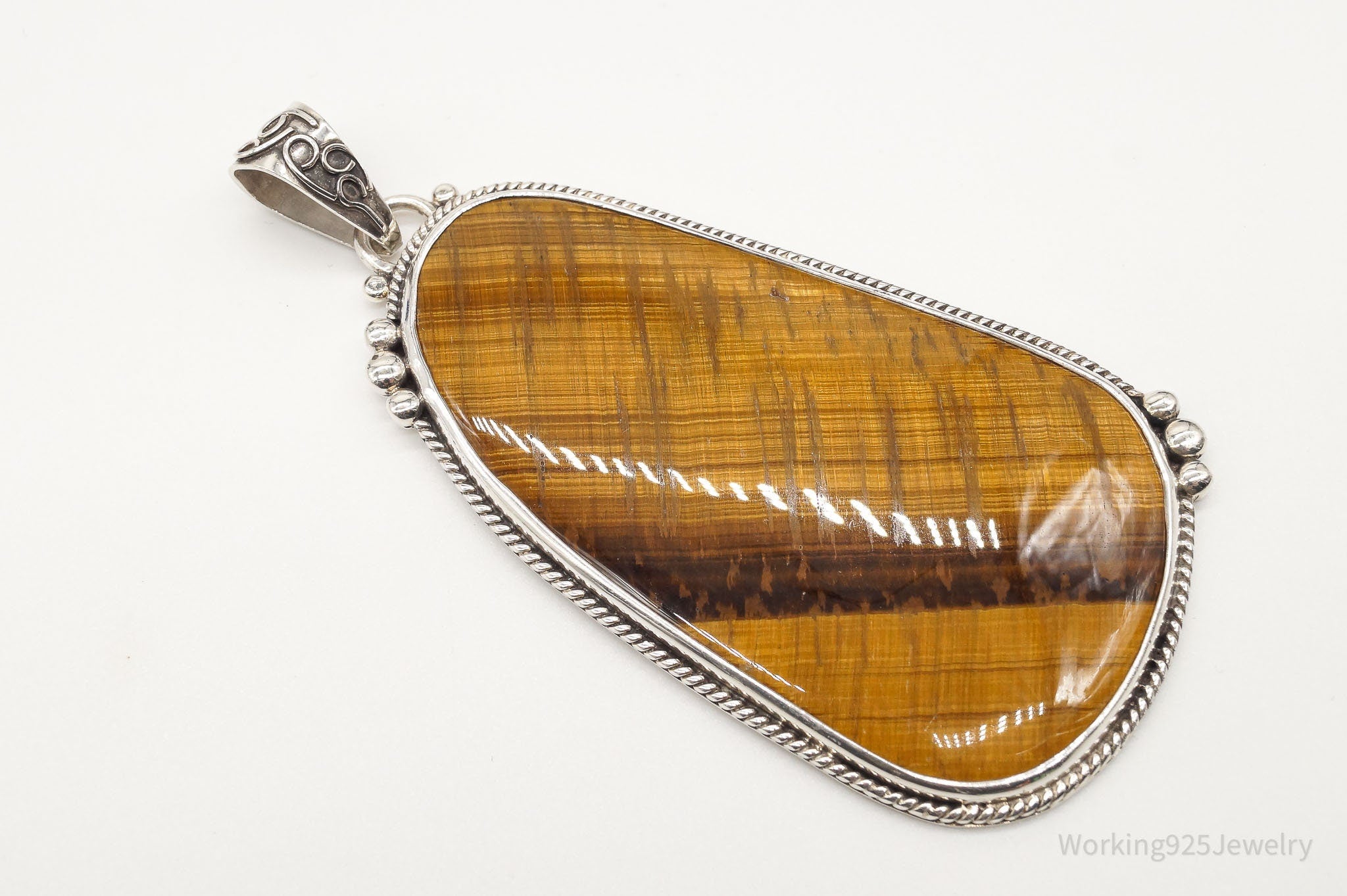 Vintage Designer OBSIDIAN Large Tigers Eye Sterling Silver Pendant