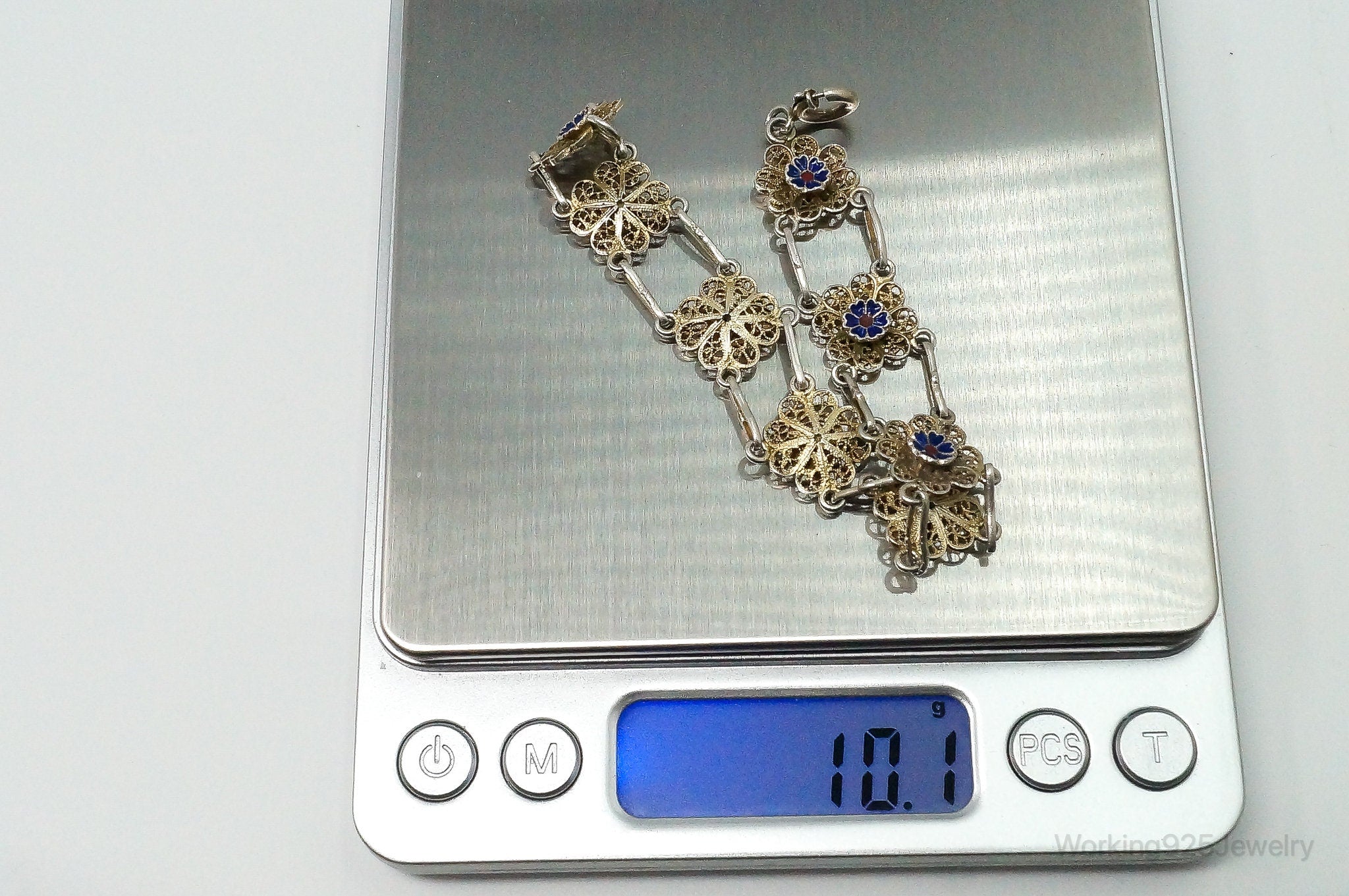 Antique Enamel Flowers 835 Silver Filigree Bracelet