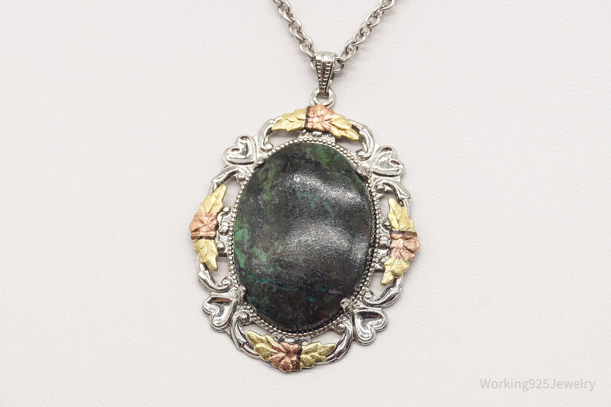 Vintage Green Stone 12K Gold Leaves Sterling Silver Necklace