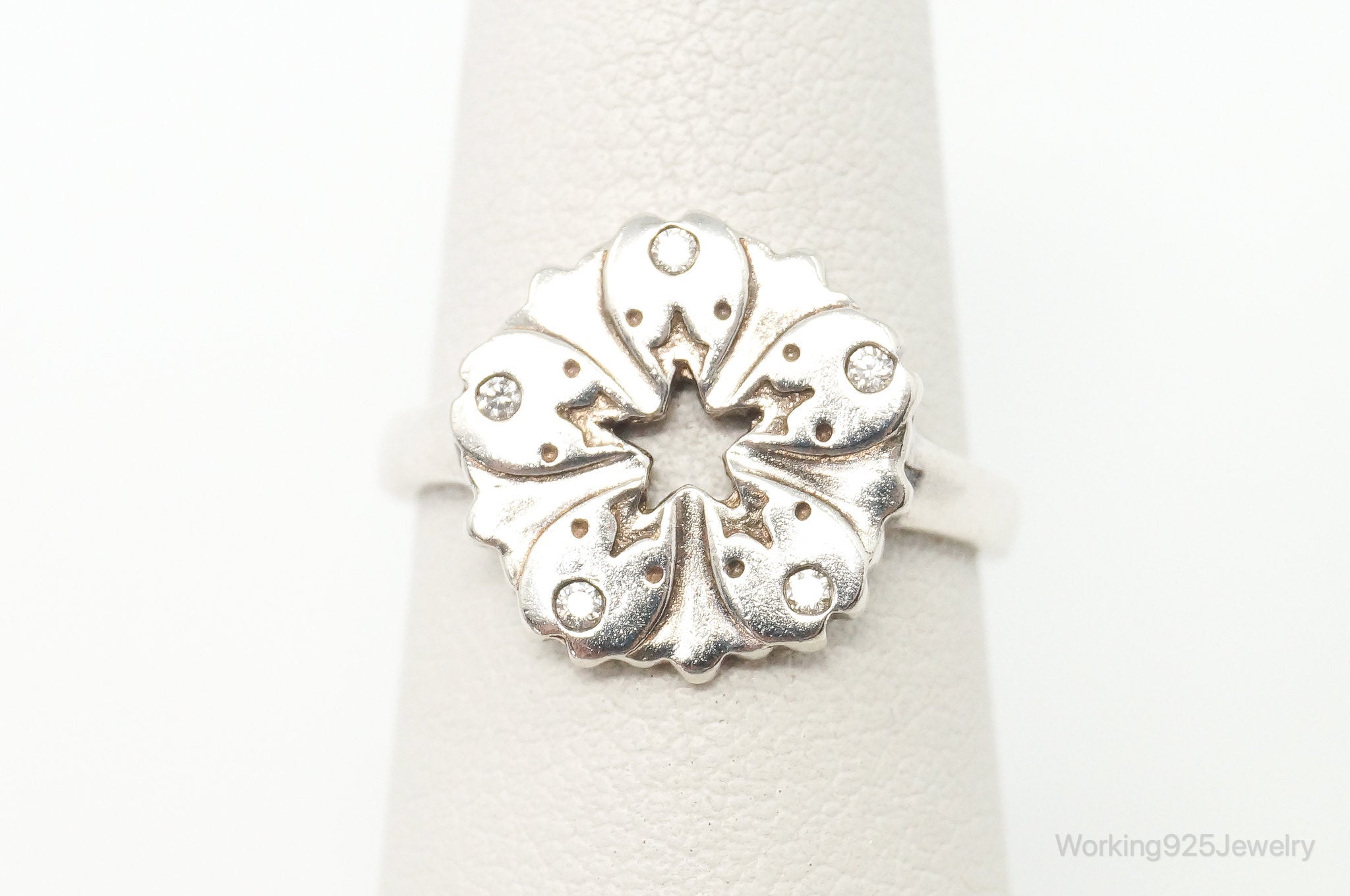 Vintage Cubic Zirconia Flower Sterling Silver Ring - Size 5.75