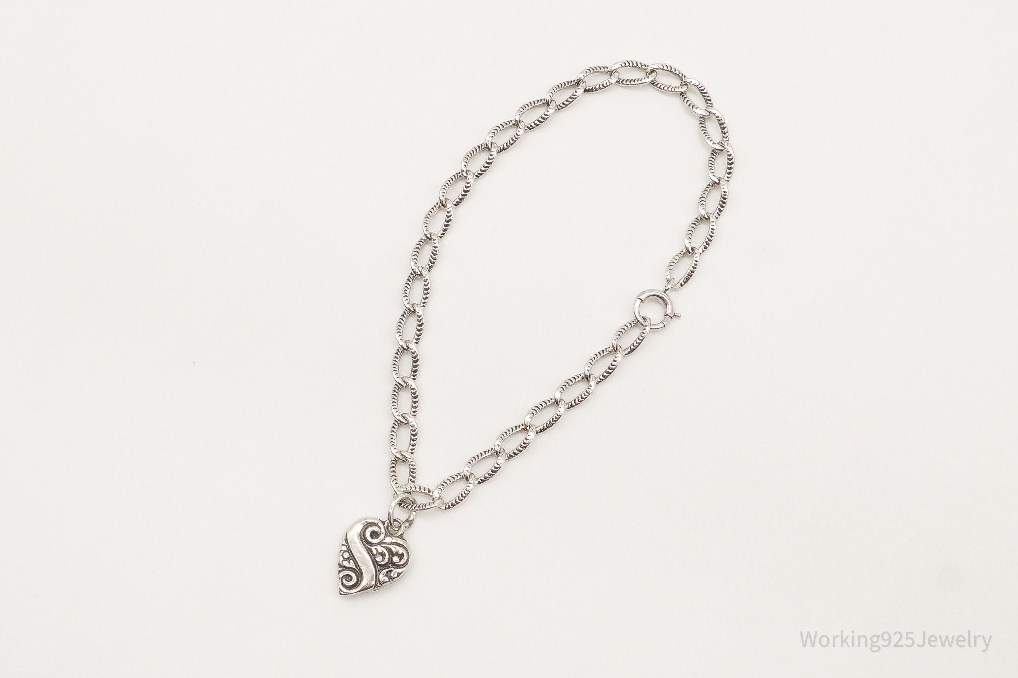 Antique Puffy Heart Charm Sterling Silver Charm Bracelet