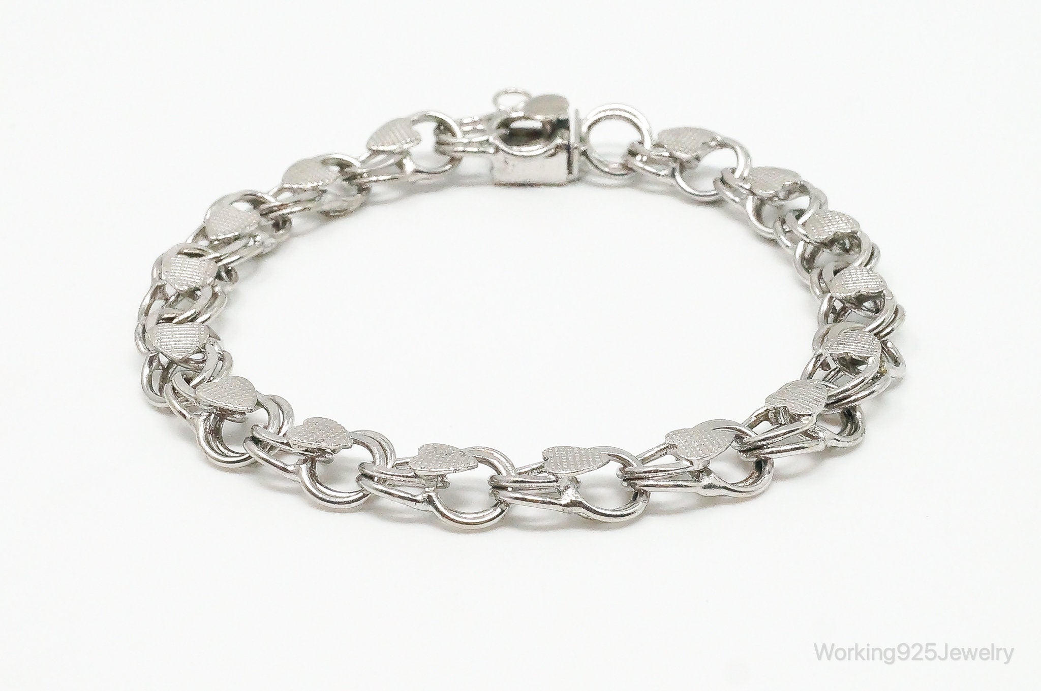 Antique Hearts Chain Link Charm Sterling Silver Bracelet