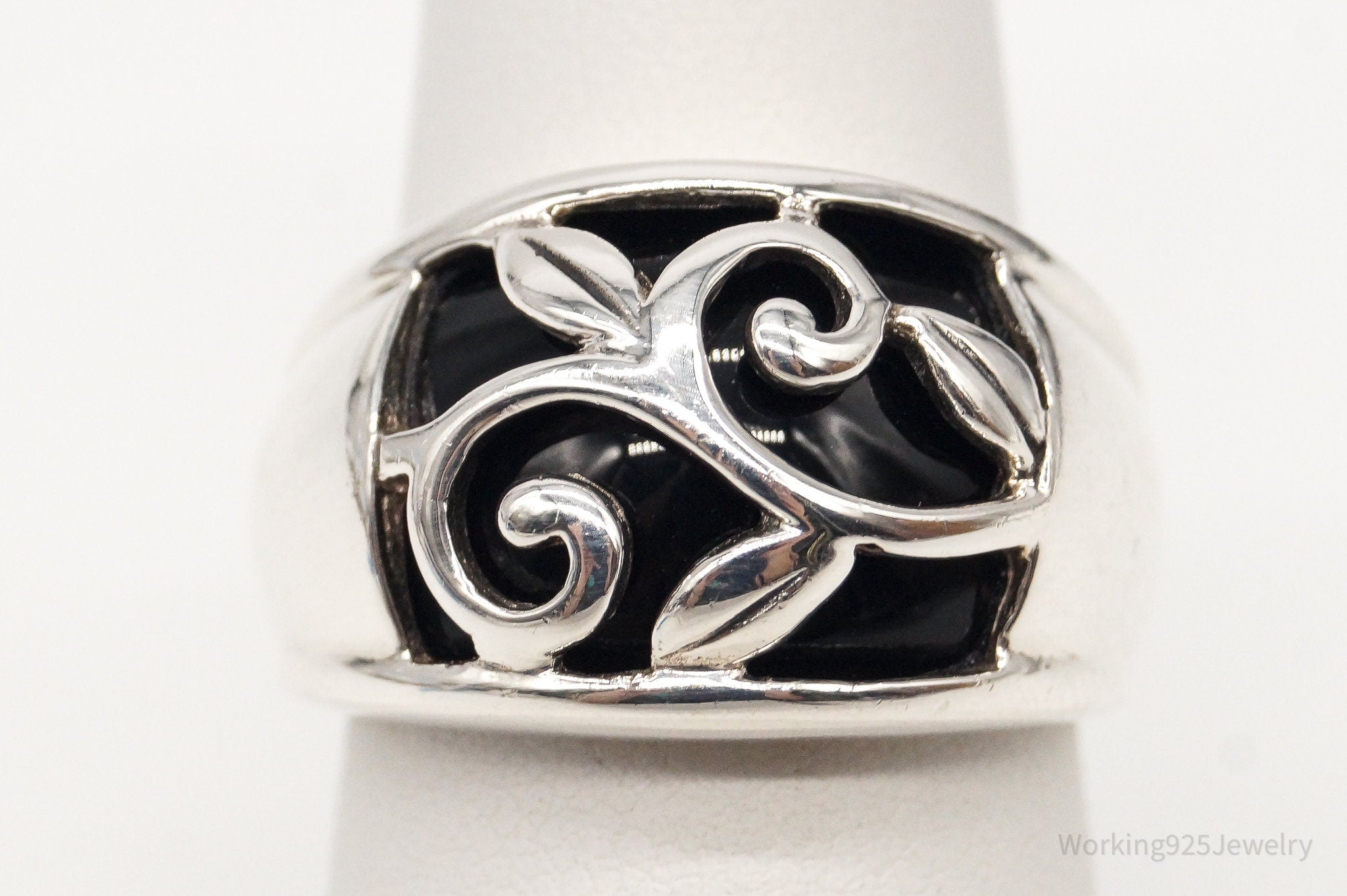 Vintage Black Onyx Vines Sterling Silver Ring - Size 7