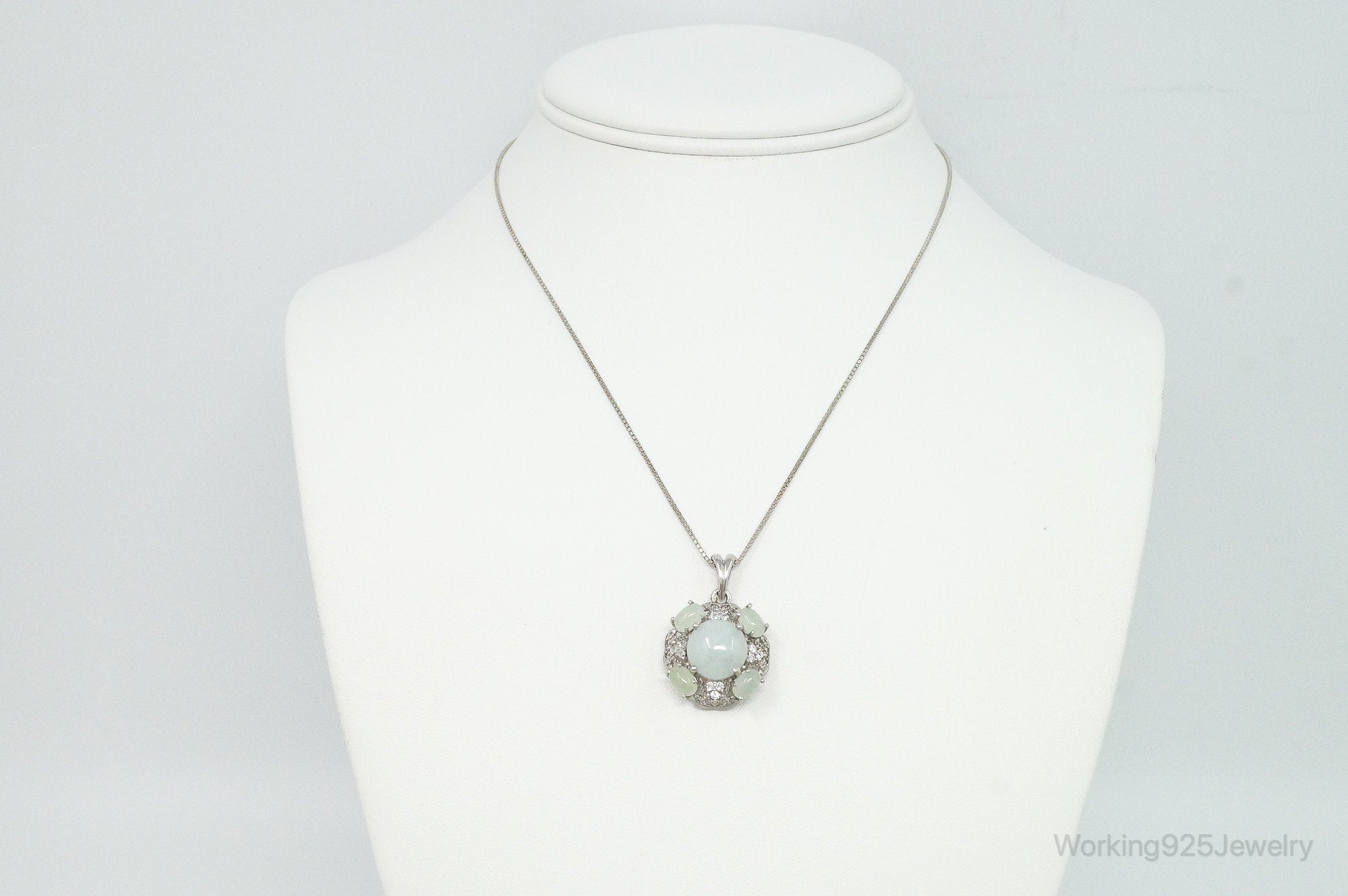 Vintage Jade Prehnite Cubic Zirconia Sterling Silver Necklace