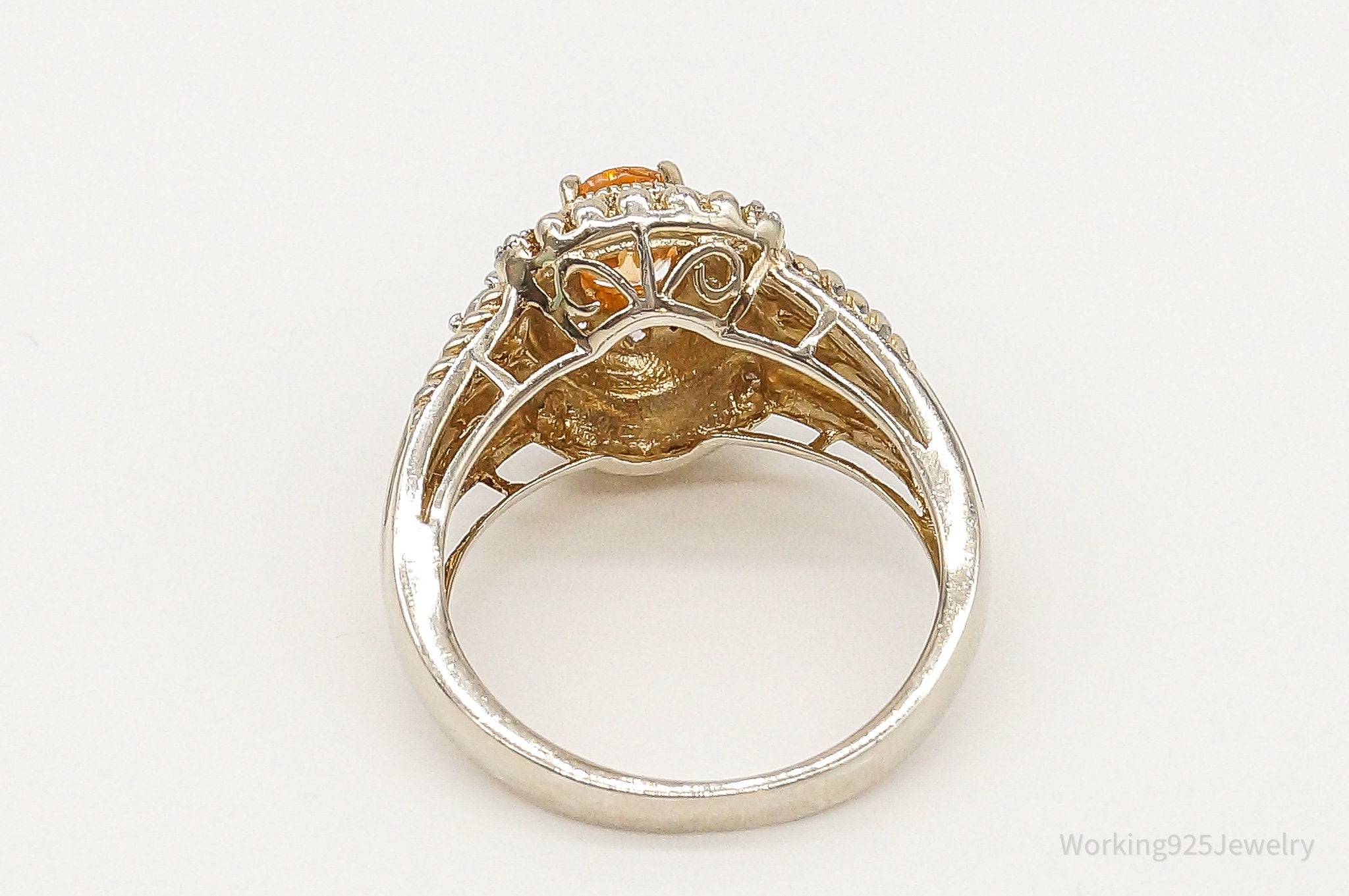 Designer Orange Topaz Cubic Zirconia Gold Vermeil Sterling Silver Ring - Size 7