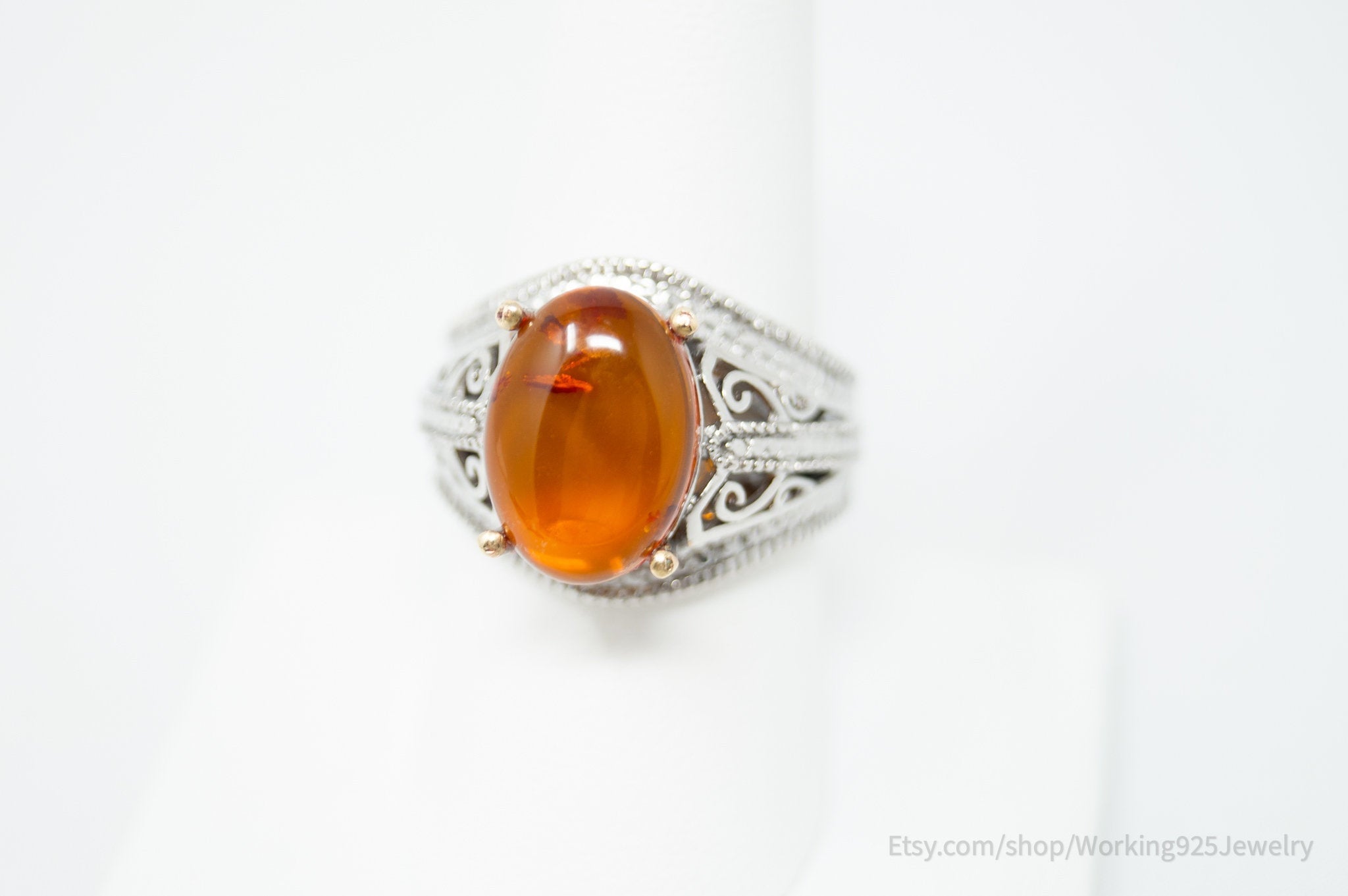 Vintage Designer Karis Amber Sterling Silver Statement Ring - Size 8.75