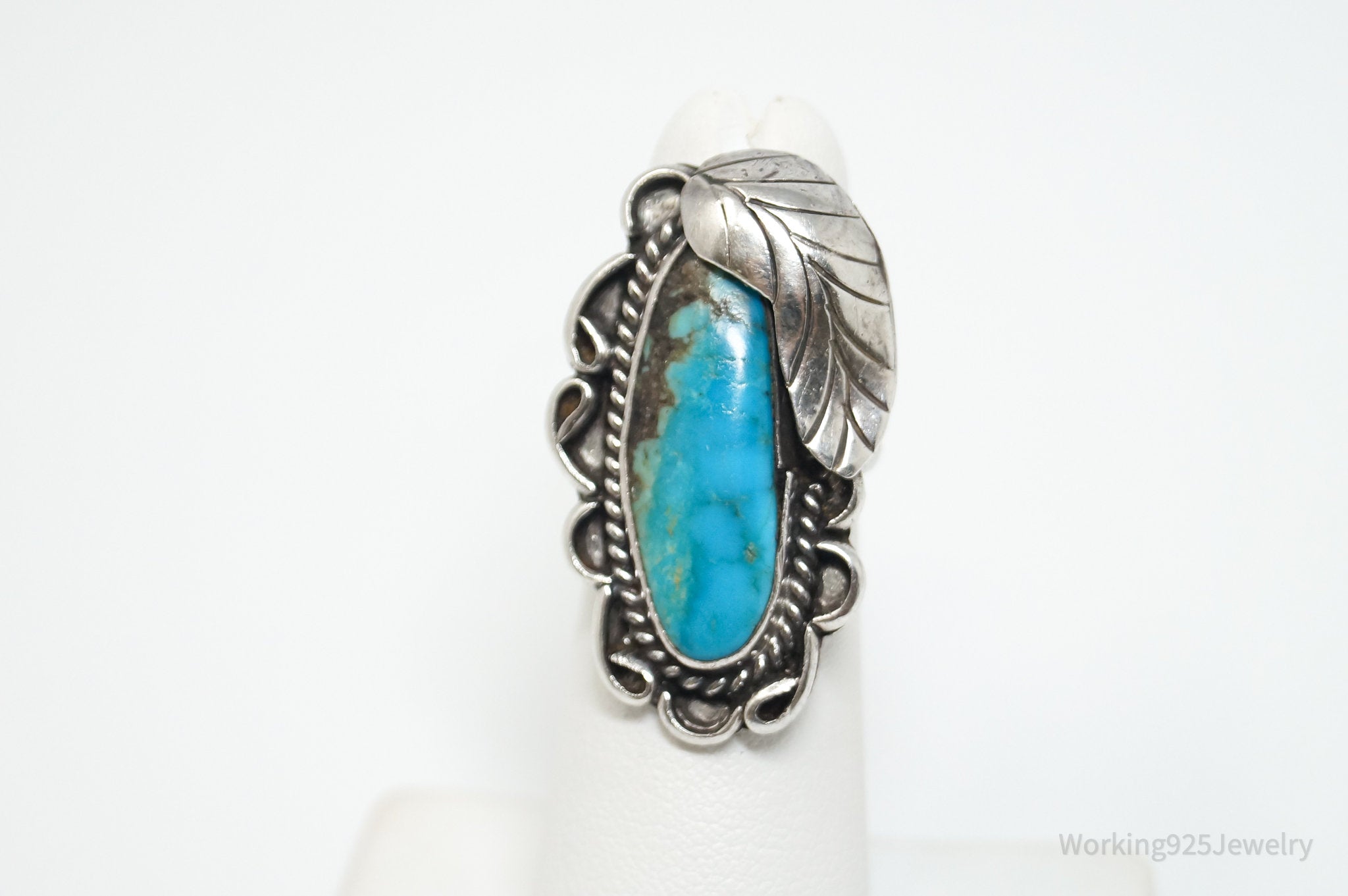 Long Vtg Native American Turquoise Unsigned Sterling Silver Ring - Sz 4.75