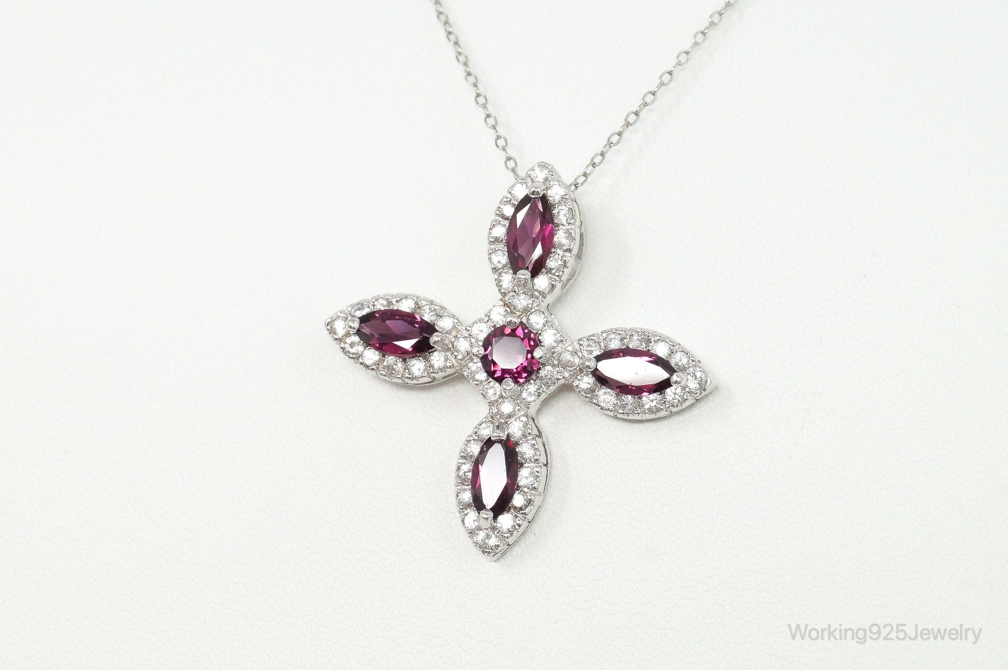 Large Rhodolite Garnet Cubic Zirconia Sterling Silver Necklace