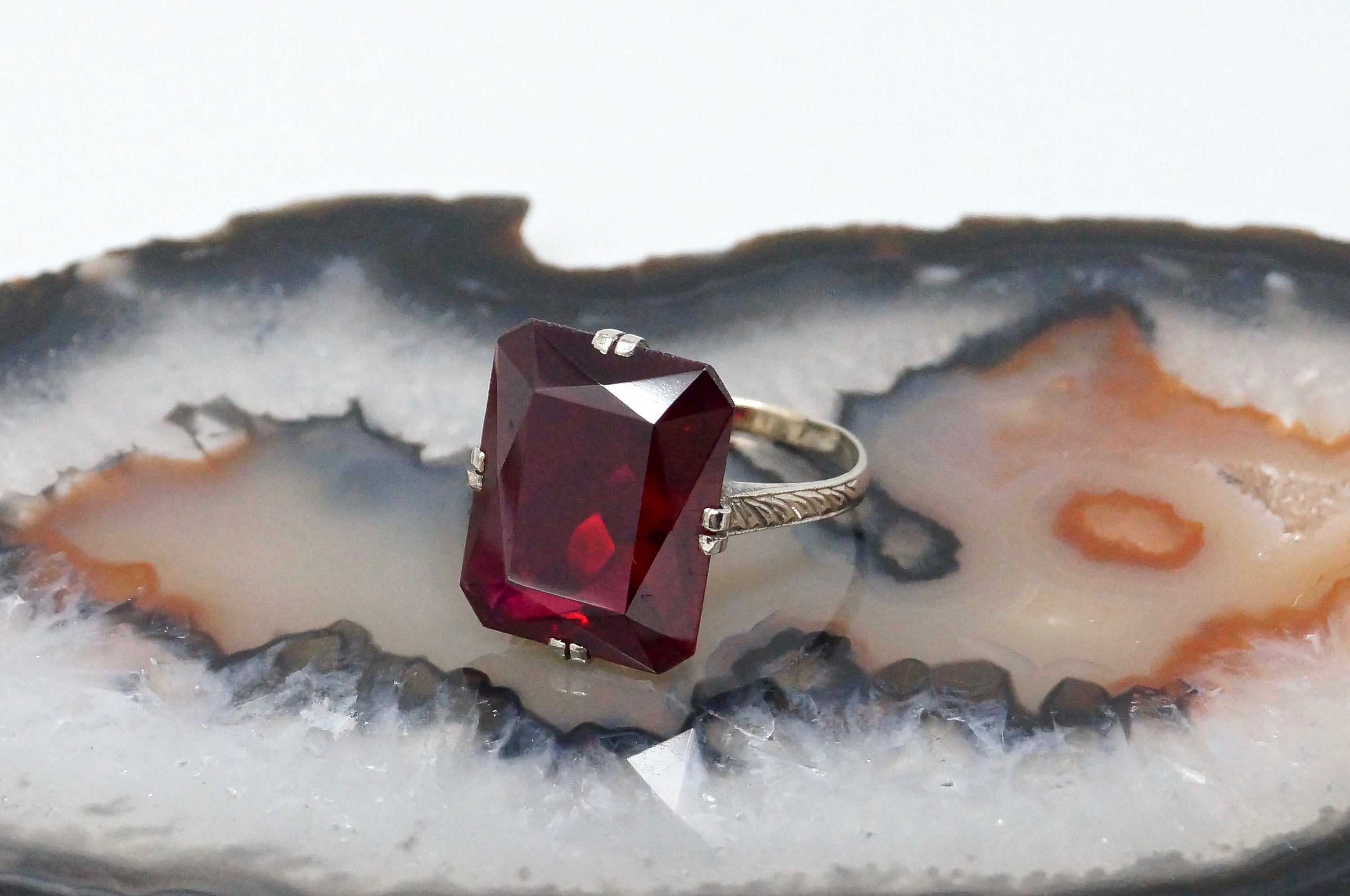 Stunning Antique Large Red Ruby Glass 14K Art Deco Statement Ring - Size 7.25