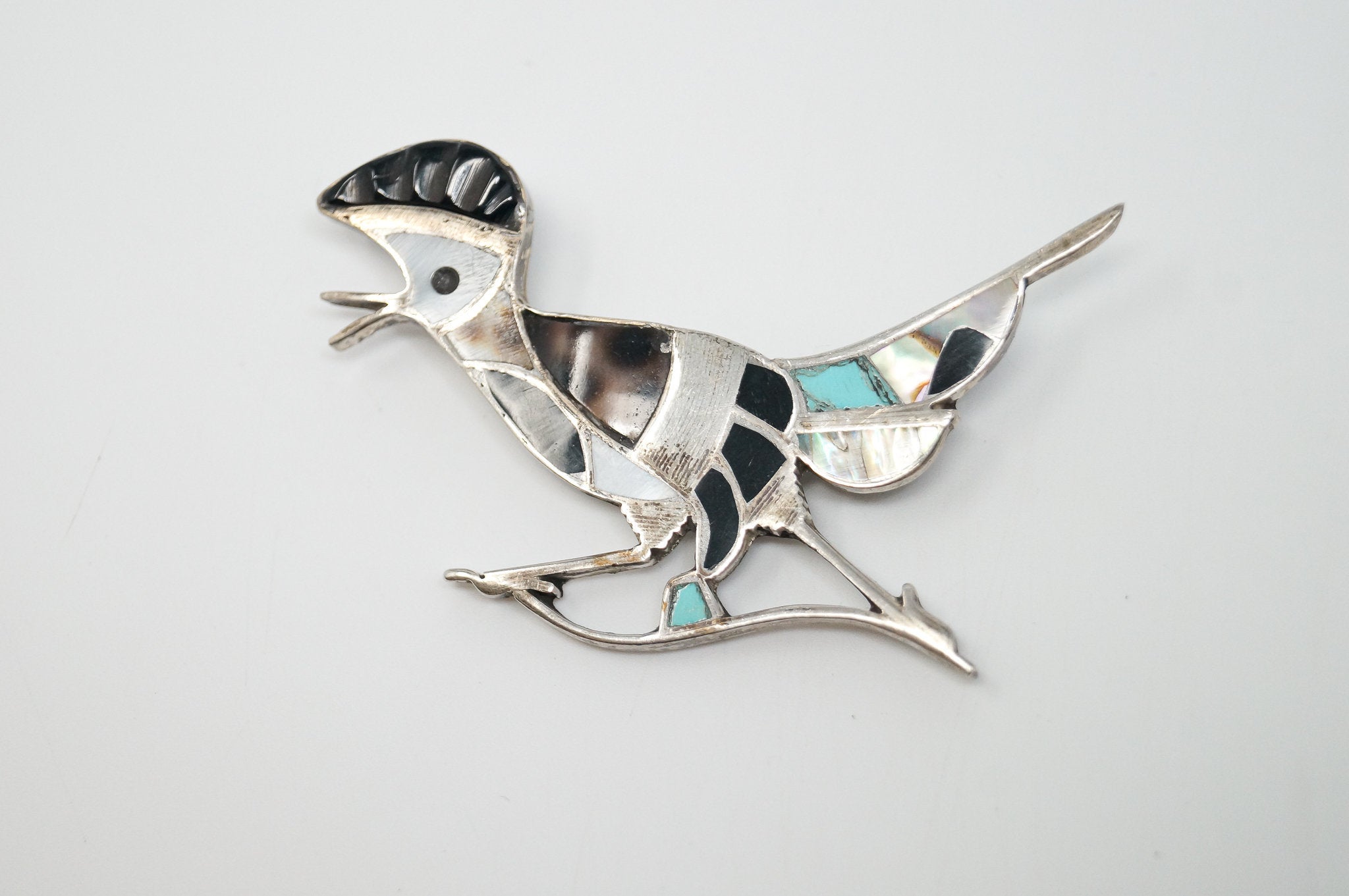 Vintage Handmade Native American Unsigned Roadrunner Sterling Silver Brooch Pin