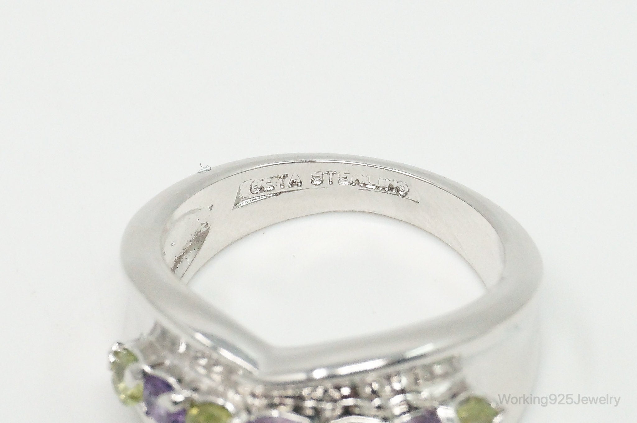 Vintage Designer SETA Peridot Amethyst Sterling Silver Ring - Size 6.75