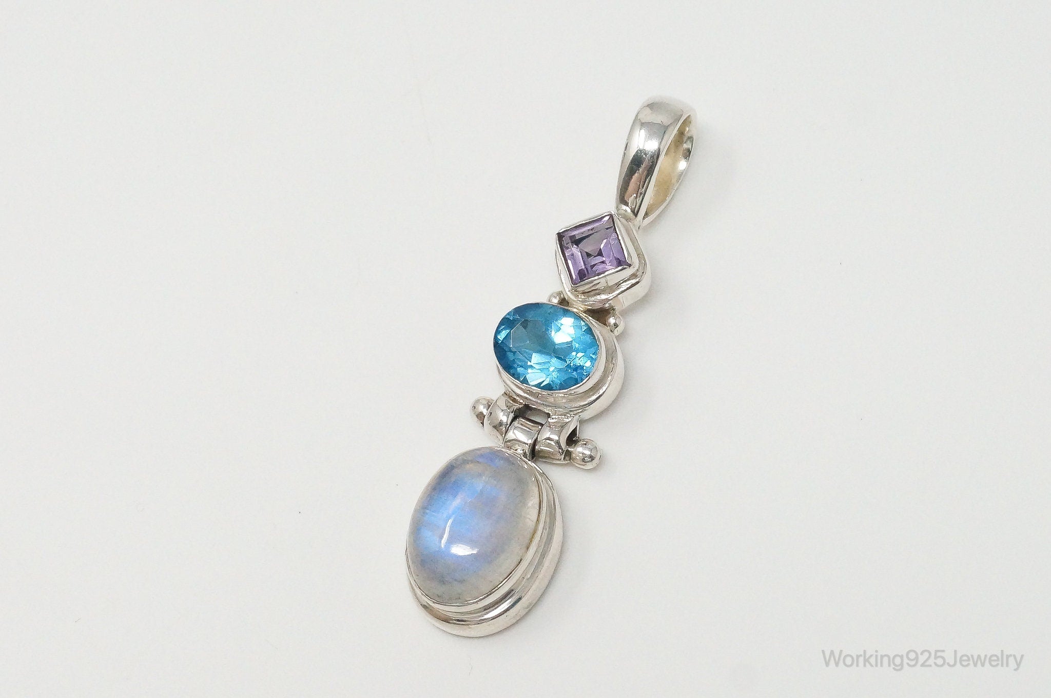 Large Vintage Blue Topaz Amethyst Moonstone Sterling Silver Pendant