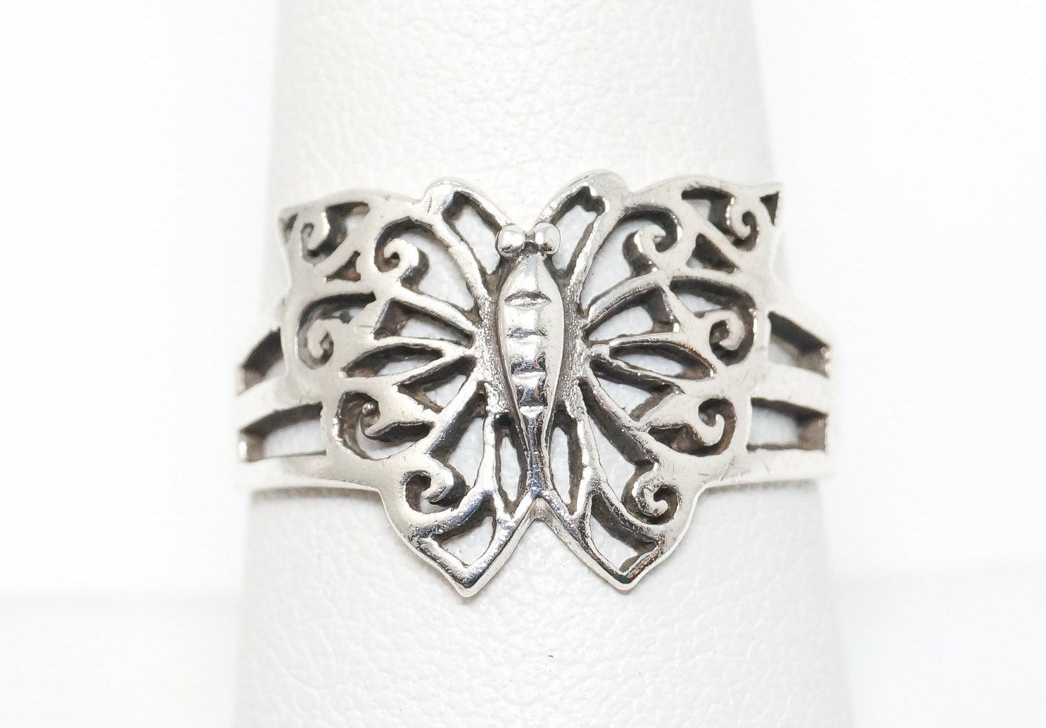 Vintage Butterfly Scroll Sterling Silver Ring - Size 8.75