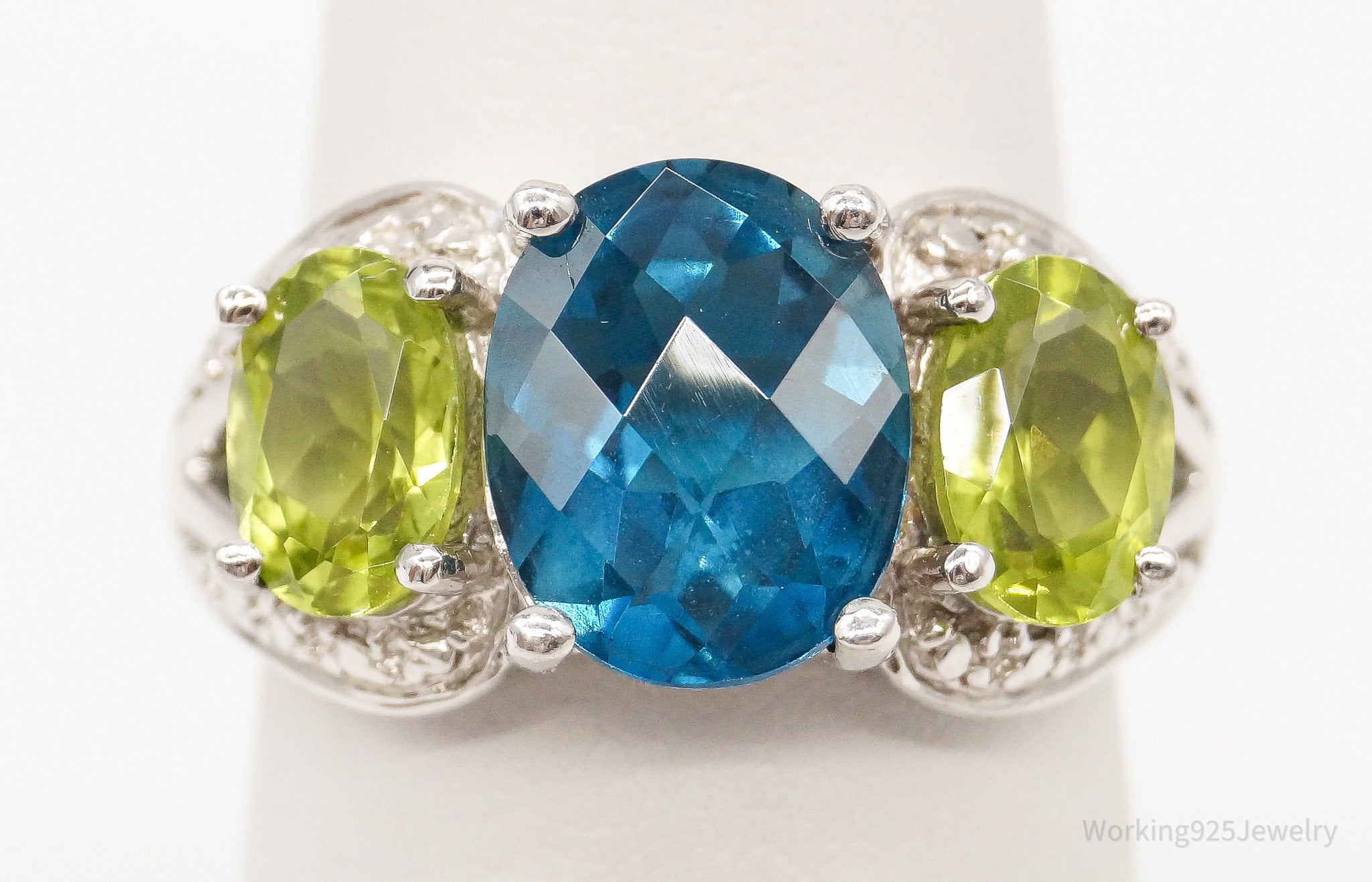 Designer CID Blue Topaz Peridot Cubic Zirconia Sterling Silver Ring - Size 6.25