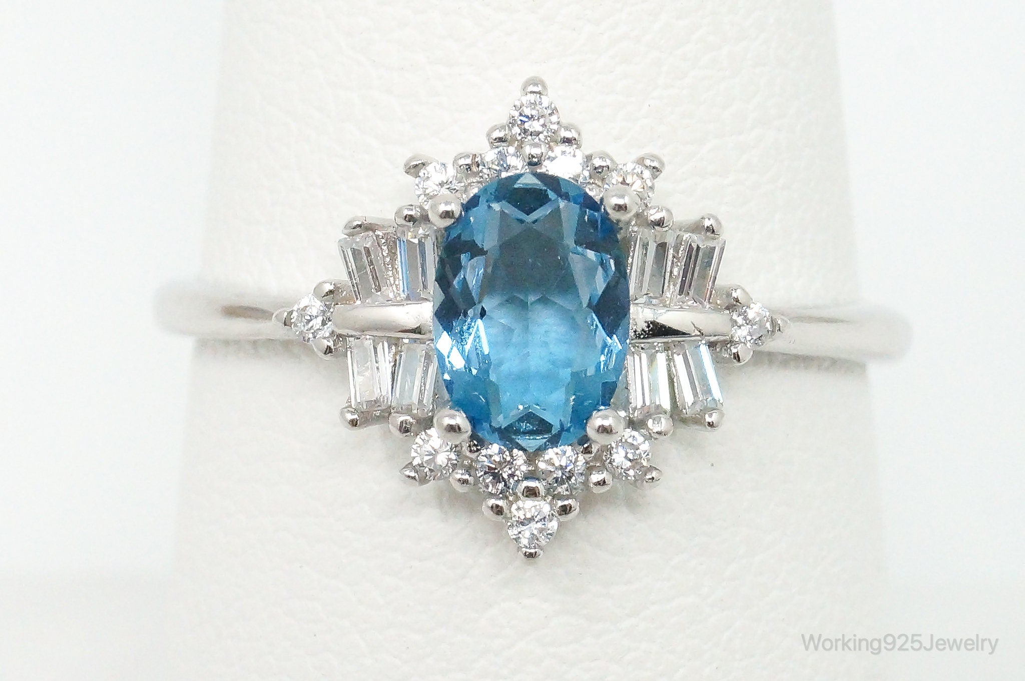 Vintage Art Deco Blue Topaz Cubic Zirconia Sterling Silver Ring - Size 8.25 Adj.