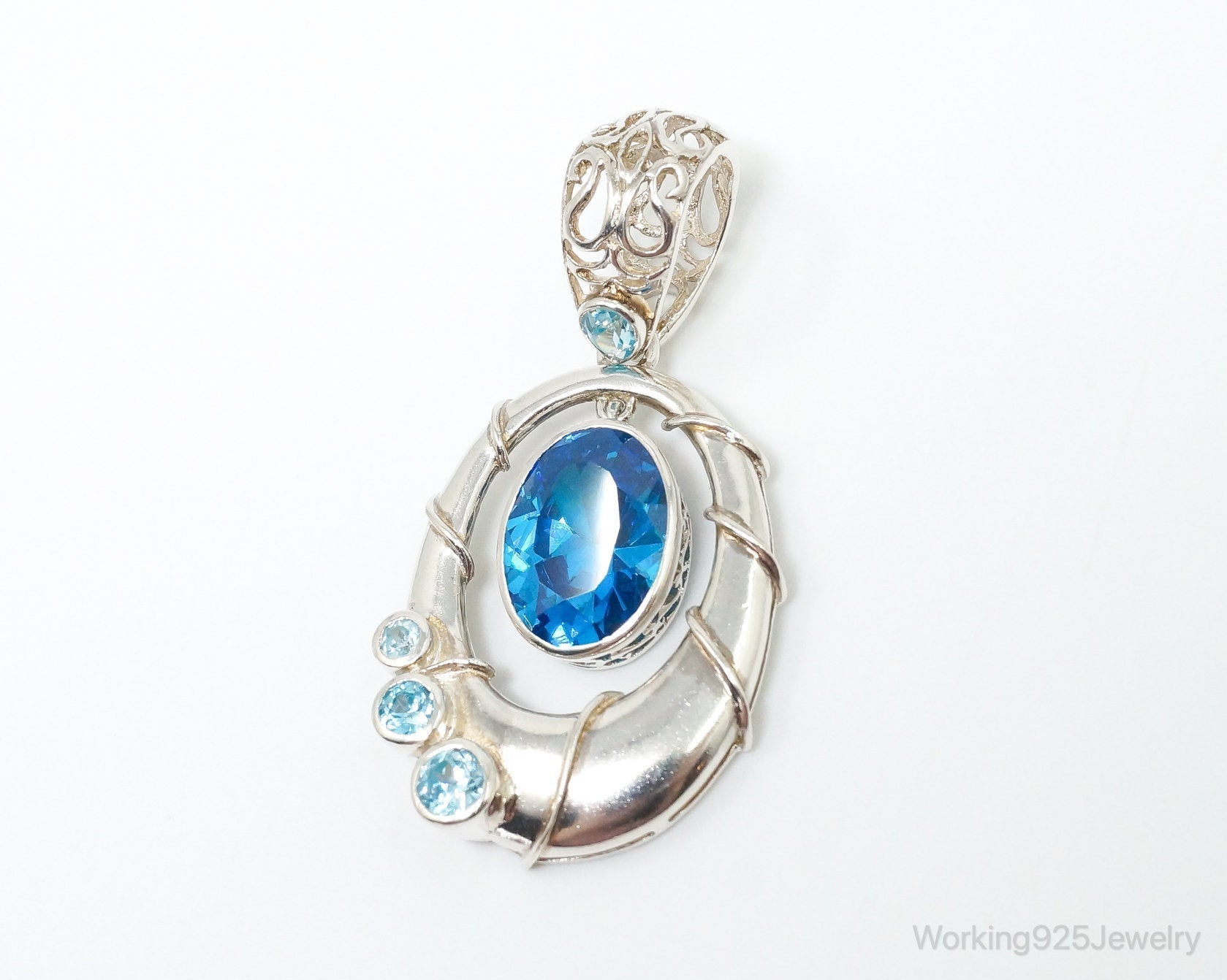 Vintage Art Deco Large Blue Topaz Sterling Silver Pendant