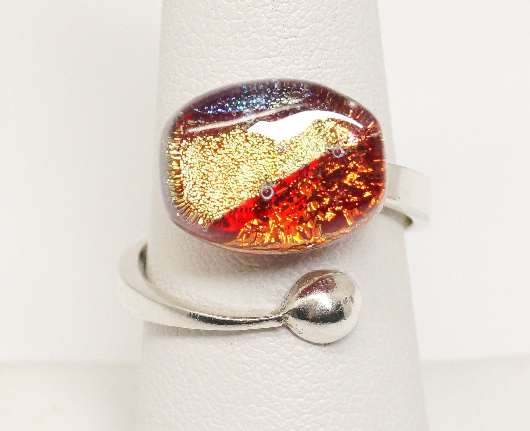 Vintage Glass Murano Sterling Silver Wrap Ring - Sz 7.75 Adjustable