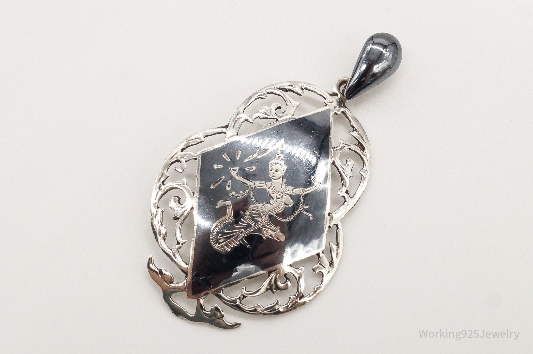 Large Vintage Siam Black Enamel Goddess Dancer Sterling Silver Pendant