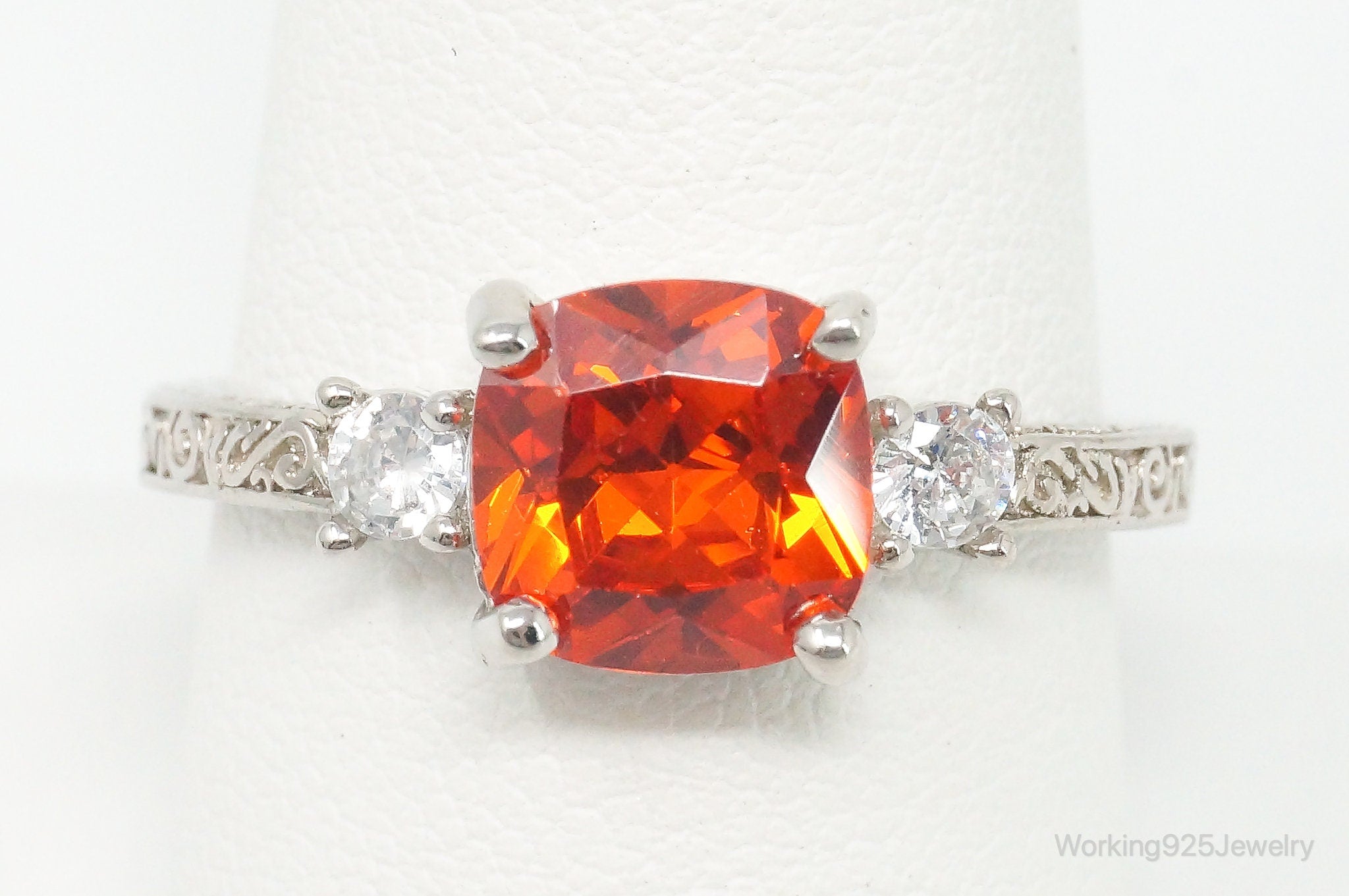 Large Orange Topaz White Cubic Zirconia Sterling Silver Ring - Size 9.25