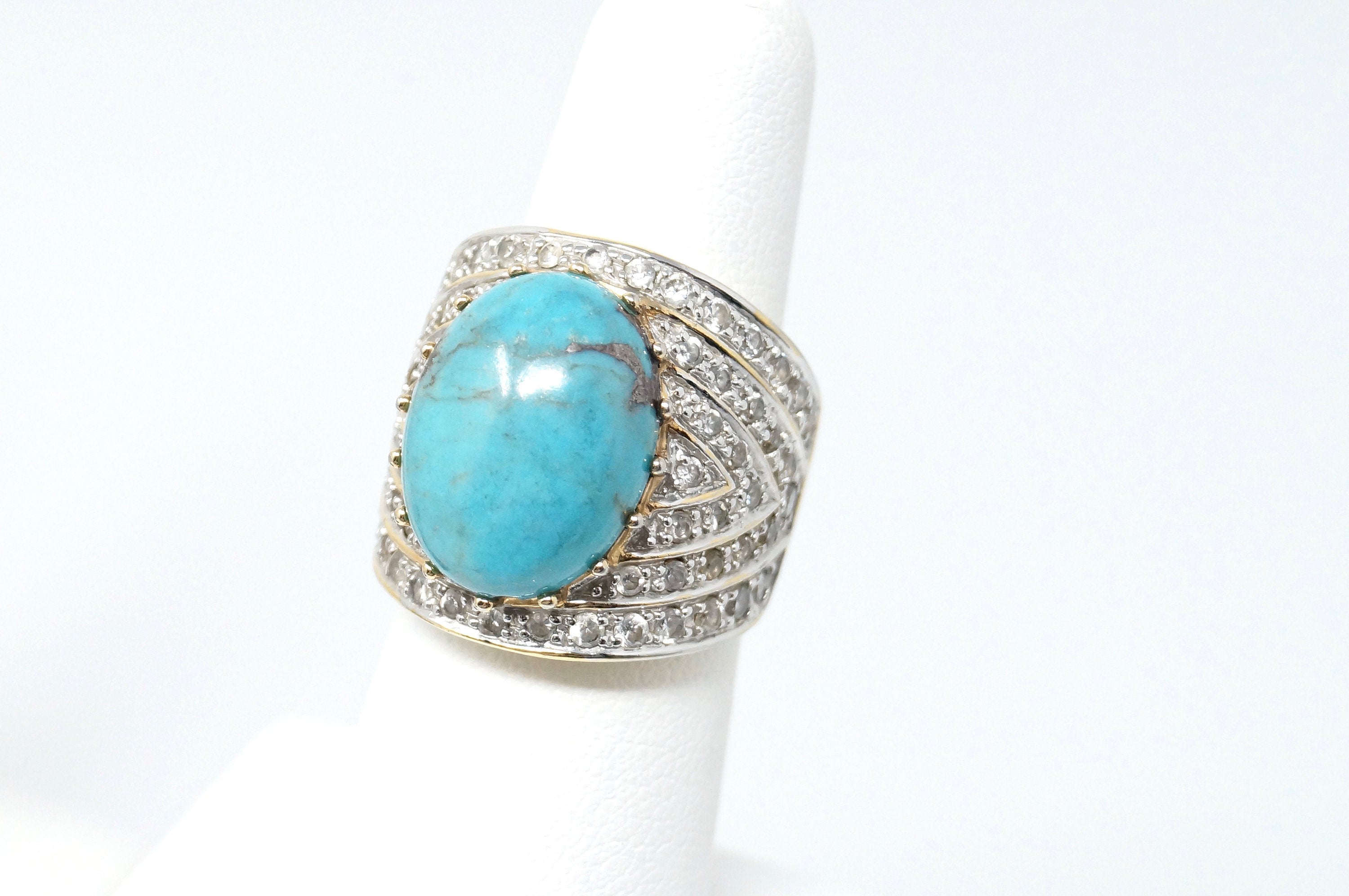 Beautiful Vintage Large Turquoise Cz Gold Vermeil Sterling Silver Ring - Size 6