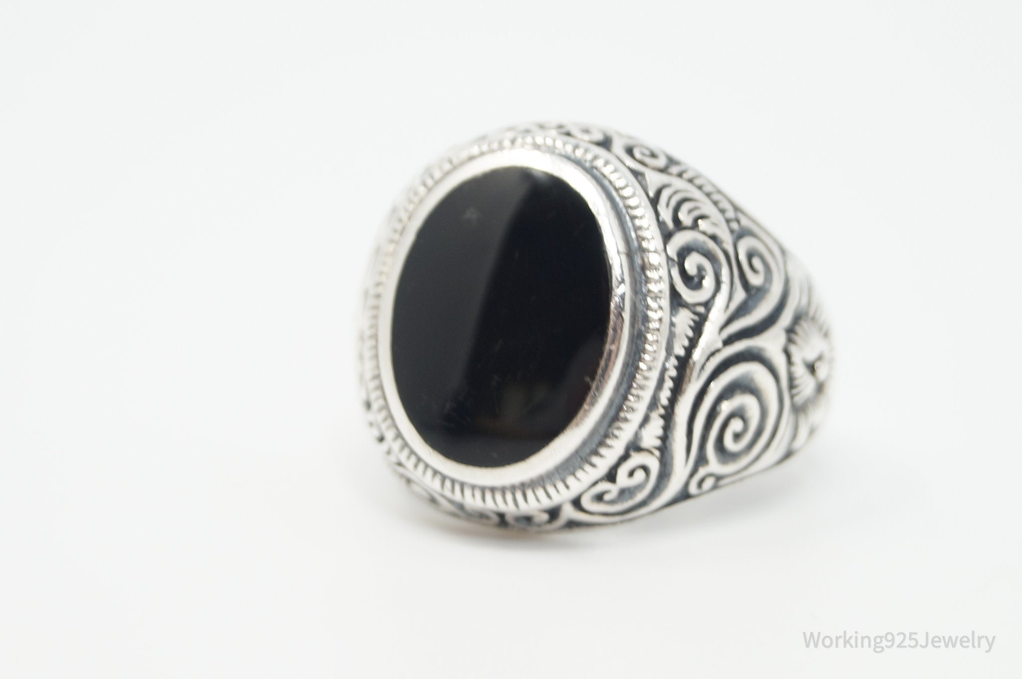 Large Vintage Black Onyx Etched Scroll Sterling Silver Ring - Sz 12