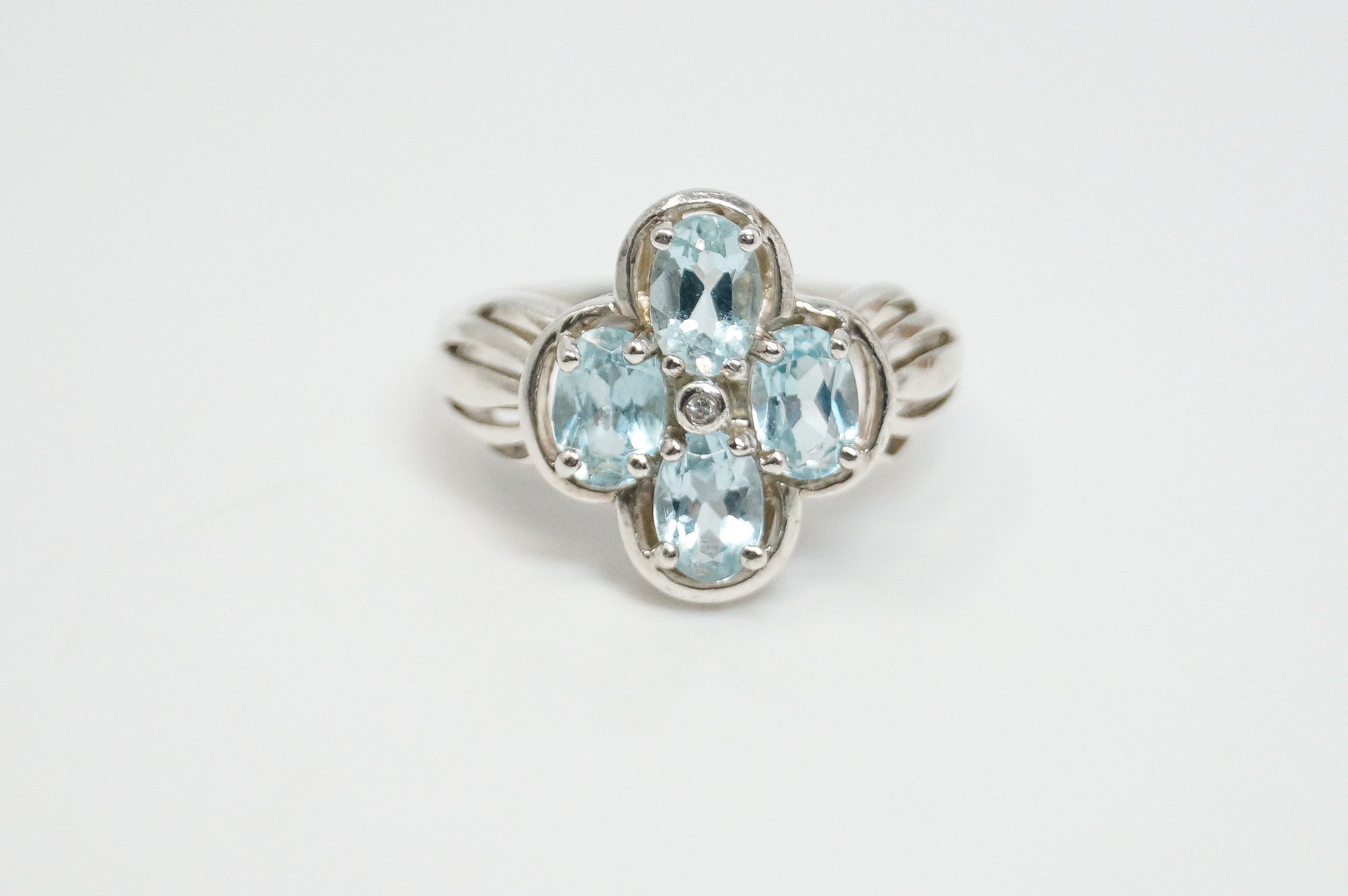 Vintage Designer CNA Blue Topaz Diamond Sterling Silver Ring - Sz 7.75