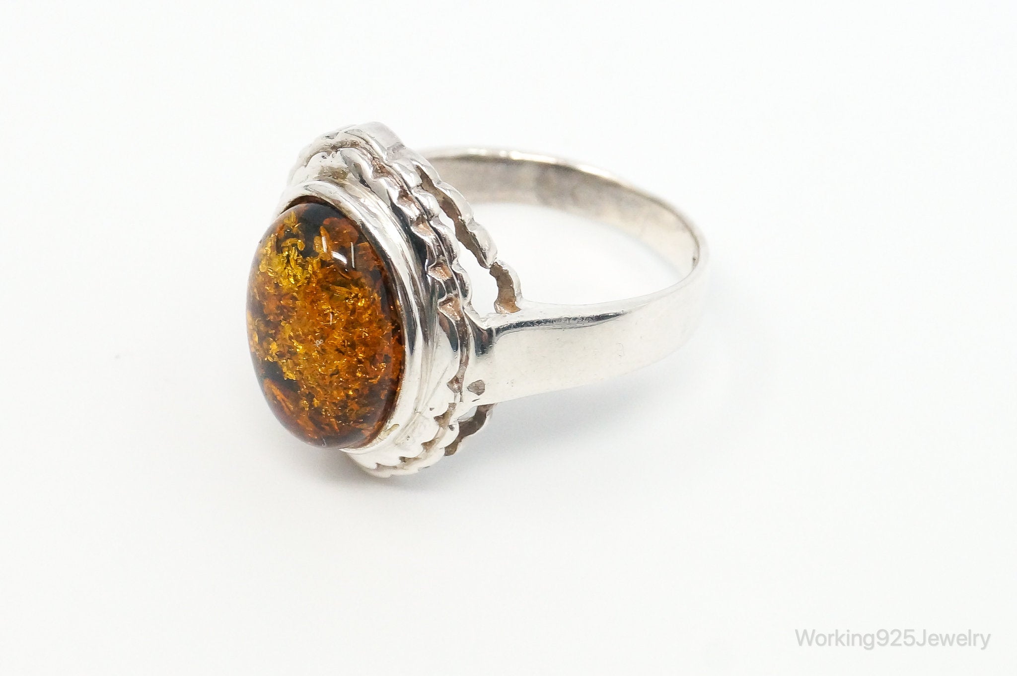 Vintage Amber Modern Sterling Silver Ring - Size 10