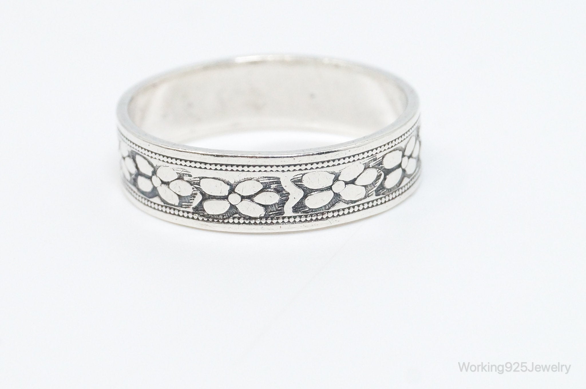 Antique Designer Floral Sterling Silver Band Ring - SZ 9